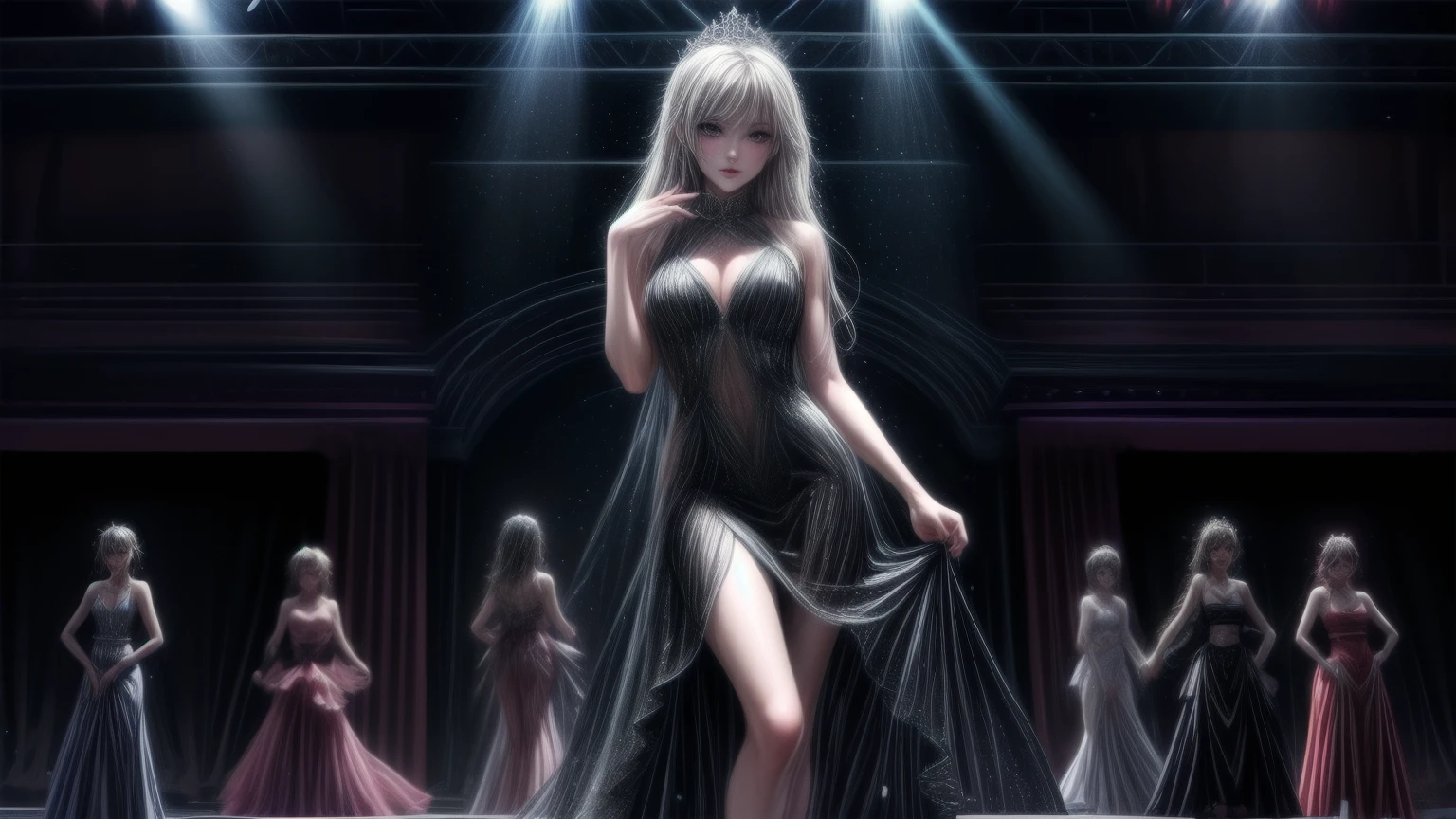beauty pageant, final, a few young beauty on the stage, perfect body, different long dresses,