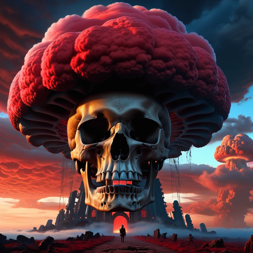 Skull-shaped nuclear mushroom cloud ascending above crimson clouds, epic and cinematic, ultra-quality with perfect composition, intricate details, octane render, trending on ArtStation, 8K resolution, photorealistic concept art, soft natural volumetric cinematic lighting, chiaroscuro effect, award-winning photographic quality, oil painting texture reminiscent of Raphael, Caravaggio, Greg Rutkowski, Beeple, Beksinski, Giger, visuals at a stunning 8K, blending photorealistic concept art with the refined illumination of soft, cinematic composition, masterpiece-level oil painting., ultra-detailed, high contrast shadows emphasizing the grave markers, evoking the film's classic cinematography. High Resolution, High Quality, Masterpiece.best quality, masterpiece, super detail