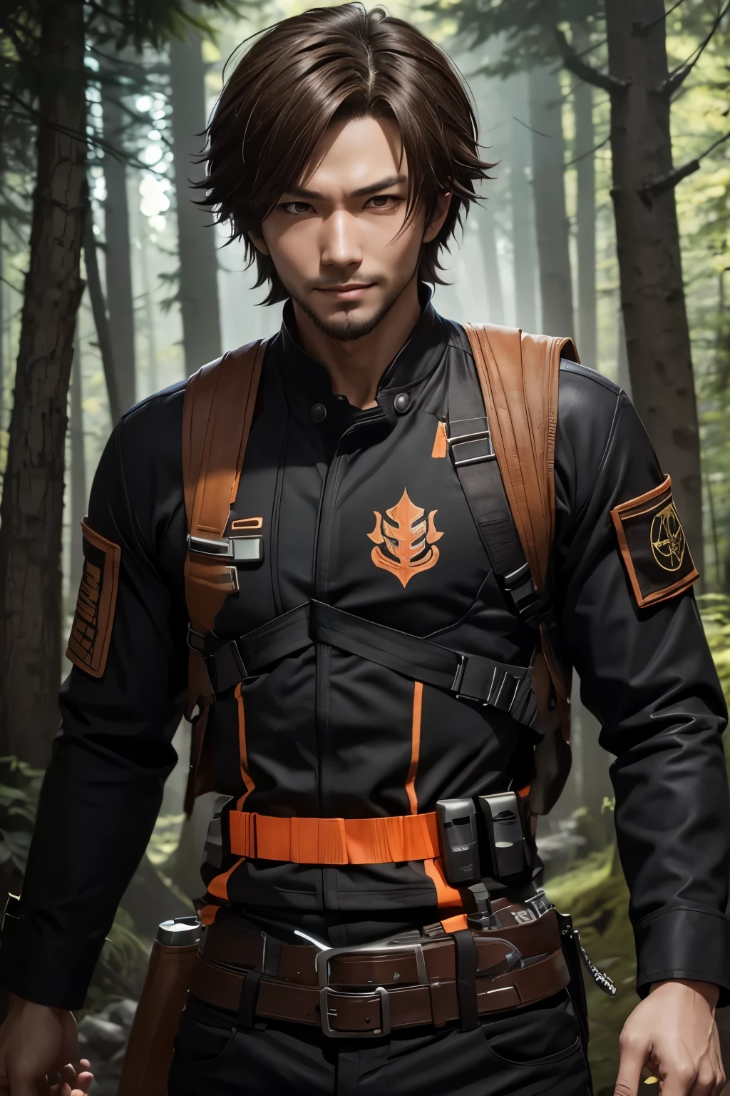 8k,Young boy with fancy brown medium bob hair,challenging atmosphere,muscular slim body,super realistic skin,Severely cracked abdominal muscles,black and orange combat jacket,wear a white inner shirt,black combat pants,In the forest with a large and long Japanese sword,naughty smile,Big eyes,black eye,Wear black combat uniform to hide your body,perfect hand shapeの詳細,comical pose,masterpiece,Photorealistic RAW photos of the highest quality。bright colors,rich colors, Backlight, cinematic lighting, film grain, to be born, 50mm lens, Nikon D850,detailed character art,fantasy art,ultra high resolution,super realistic skin,perfect hand shape,mountain path,persona 4(Hanamura Yosuke),wild(super realistic skin),Stylish one-point beard,Yuichi Nakamura's face,hide physical beauty,