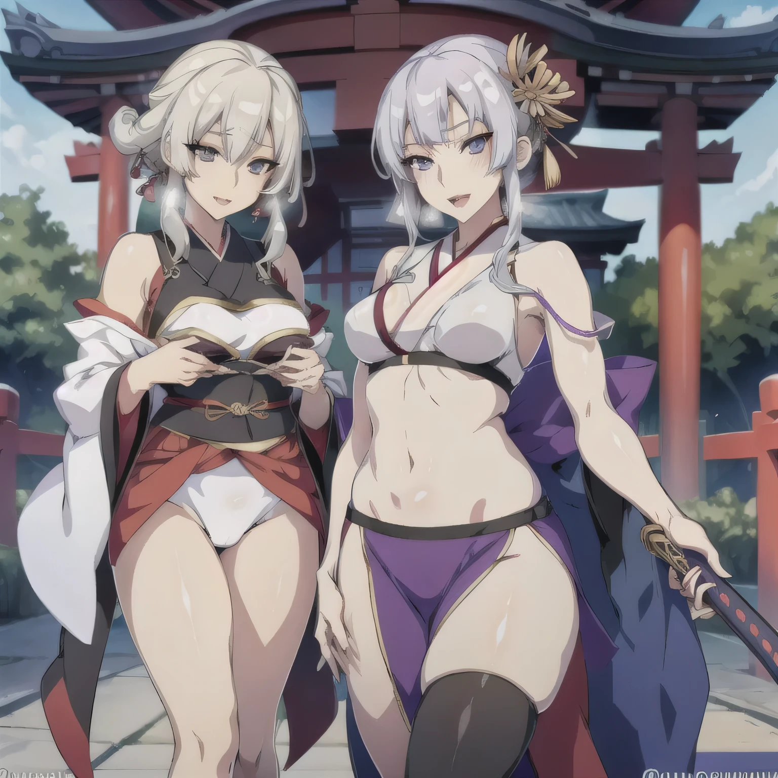 puuna, , 2girl, two girls, masterpiece, best quality, highly detailed, a anime girls in kimono dress with a sword posing for a
picture, bare shoulder,open kimono, evil smile, open mouth, crop top , (nsfw) not safe for work, smile,
ecchi anime style, anime girls, ecchi style, ecchi, digital anime art!!, in anime style, official artwork, visual
novel cg, beautiful anime girl, anime style 4 k, kimono pencil skirt, exposed belly, exposed navel,
exposed midriff, exposed lower belly, outdoor, japanese architecture, temple,