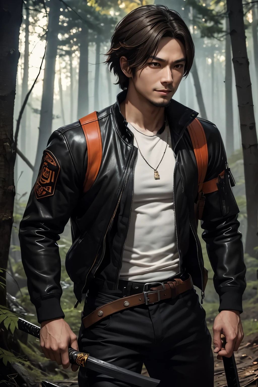 8k,Young boy with fancy brown medium bob hair,challenging atmosphere,muscular slim body,super realistic skin,Severely cracked abdominal muscles,black and orange combat jacket,wear a white inner shirt,black combat pants,In the forest with a large and long Japanese sword,naughty smile,Big eyes,black eye,Wear black combat uniform to hide your body,perfect hand shapeの詳細,comical pose,masterpiece,Photorealistic RAW photos of the highest quality。bright colors,rich colors, Backlight, cinematic lighting, film grain, to be born, 50mm lens, Nikon D850,detailed character art,fantasy art,ultra high resolution,super realistic skin,perfect hand shape,mountain path,persona 4(Hanamura Yosuke),wild(super realistic skin),Stylish one-point beard,Yuichi Nakamura's face,hide physical beauty,