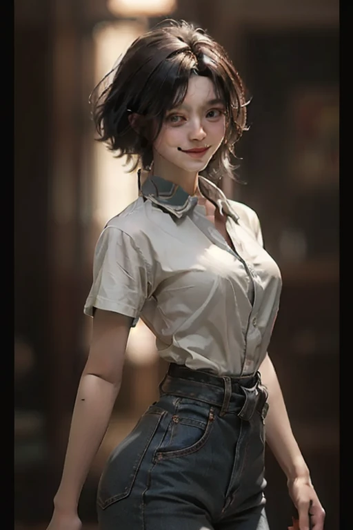 best quality, masterpiece, (photorealistic:1.4), 1girl, light smile, shirt with collars, waist up, dramatic lighting, from below