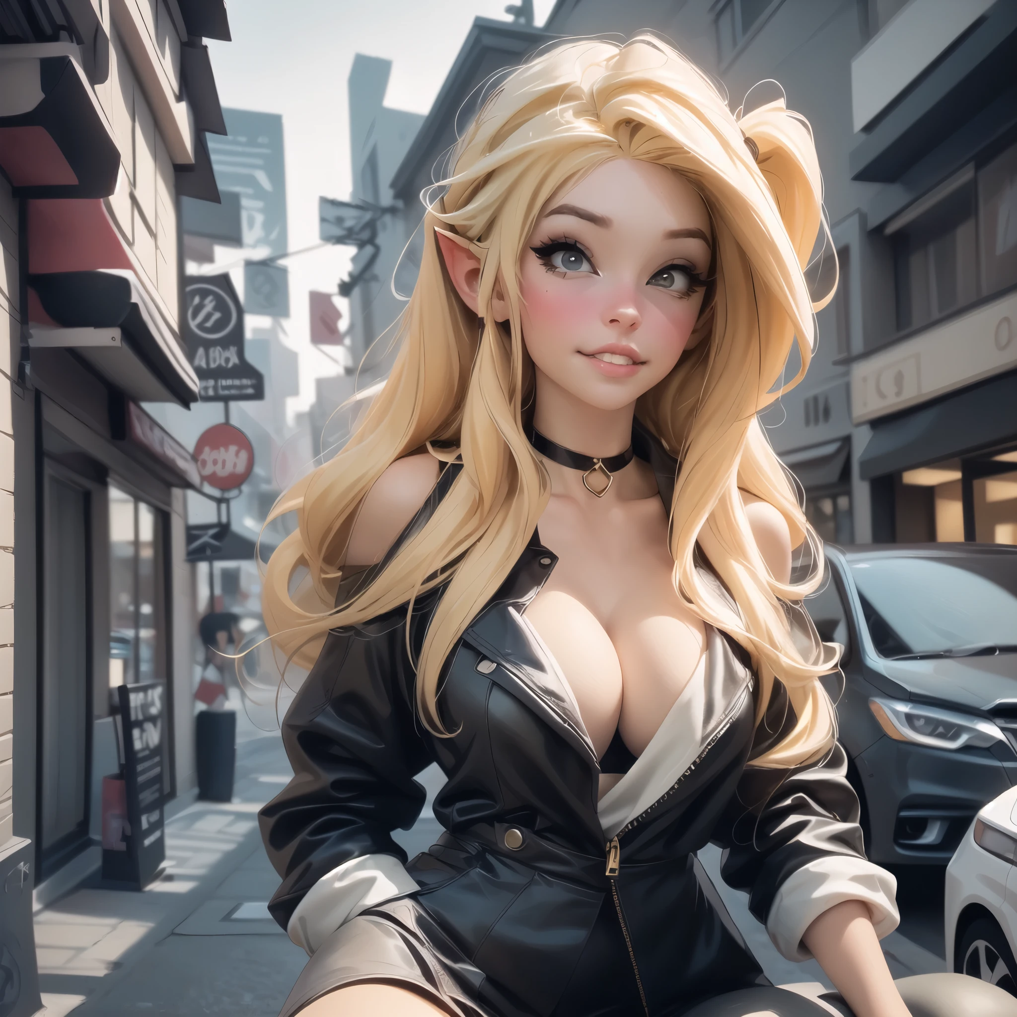 Analog style masterpiece, a close up portrait of a (sexy:1.2) belledelphine, blonde, choker, standing on a street, alleyway, cleavage, sexy smirk, hotel in the background, slate atmosphere, foggy, cinematic, dimmed colors, dark shot, muted colors, film grain, fil noir style, insane details, intricate details, skin imperfections,