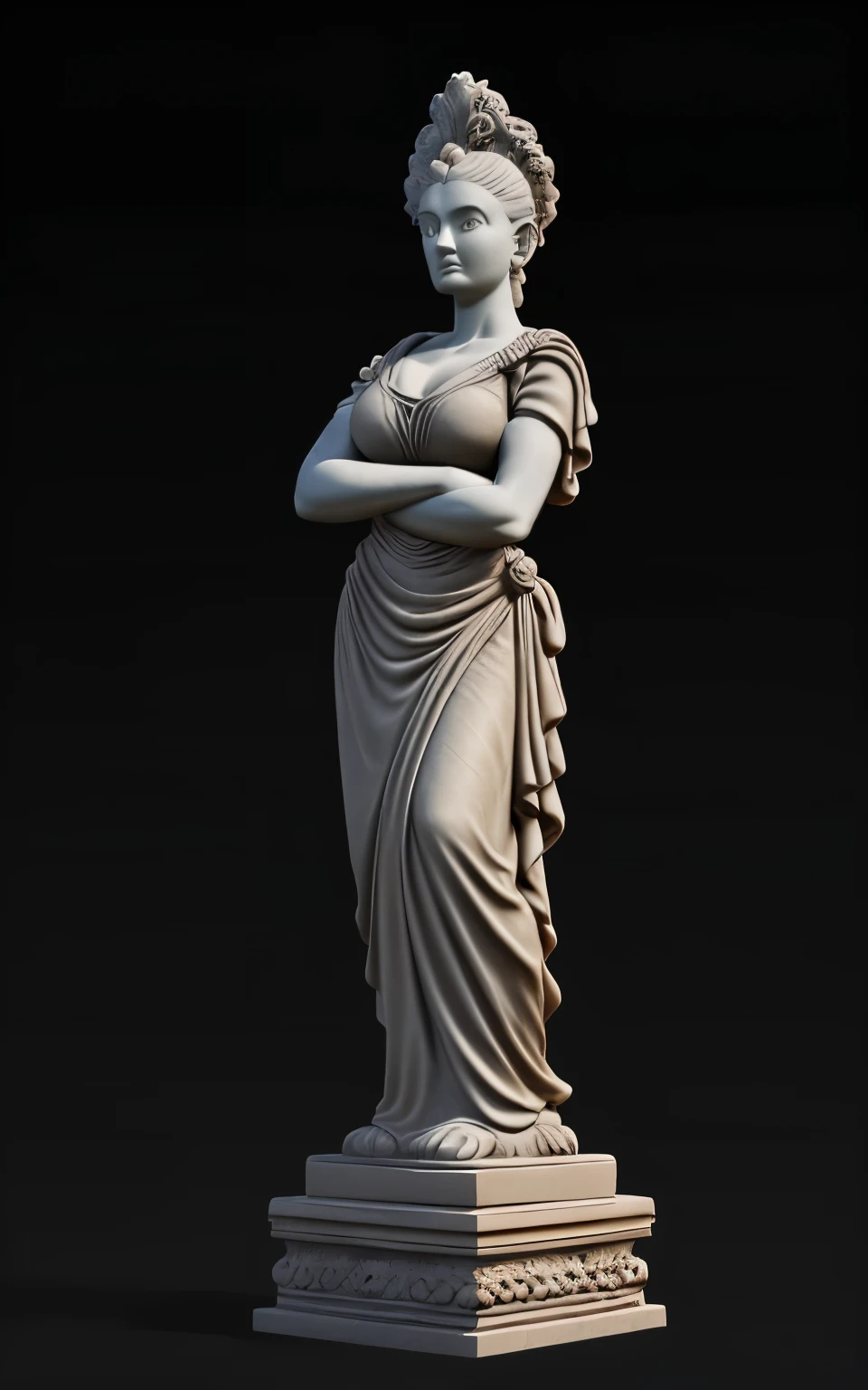 baroque grotesque clay stone statue, female body, thick fabric wraps the entire body, Assassin's Creed clothing in grotesquely carved rags, figure carved in clay stone, grotesque finish, black sheet of heavy fabric covering entire body standing figure, natural pose, hands in prayer gesture, antique, baroque, radial lighting in various directions, black background, depth of field, octane rendering, photorealistic, complex, highly detailed