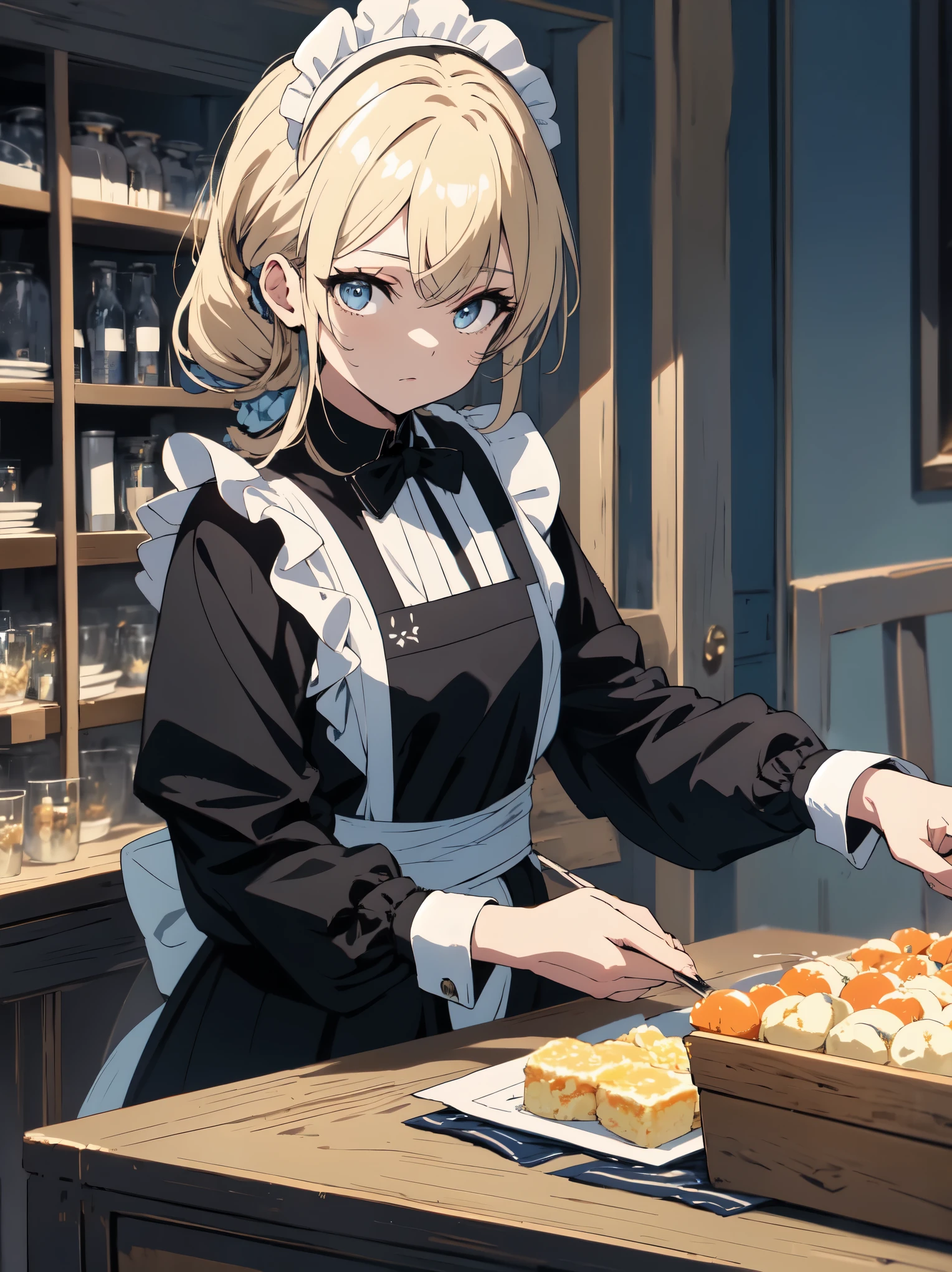 (master piece, highest quality, High resolution、detailed), (Shining eyes)、1 girl,blonde hair, maid, blue eyes, side ponytail, hair scrunchie, hair ornaments, blue scrunchie, maid headdress, apron, (A lot of sweets are arranged on the table、White tablecloth)hair between eyes, chest, long sleeve, bangs, white shirt, black dress, side lock, maid apron, black pantyhose,  cowboy shot,indoor、Western-style room、beautiful anime
