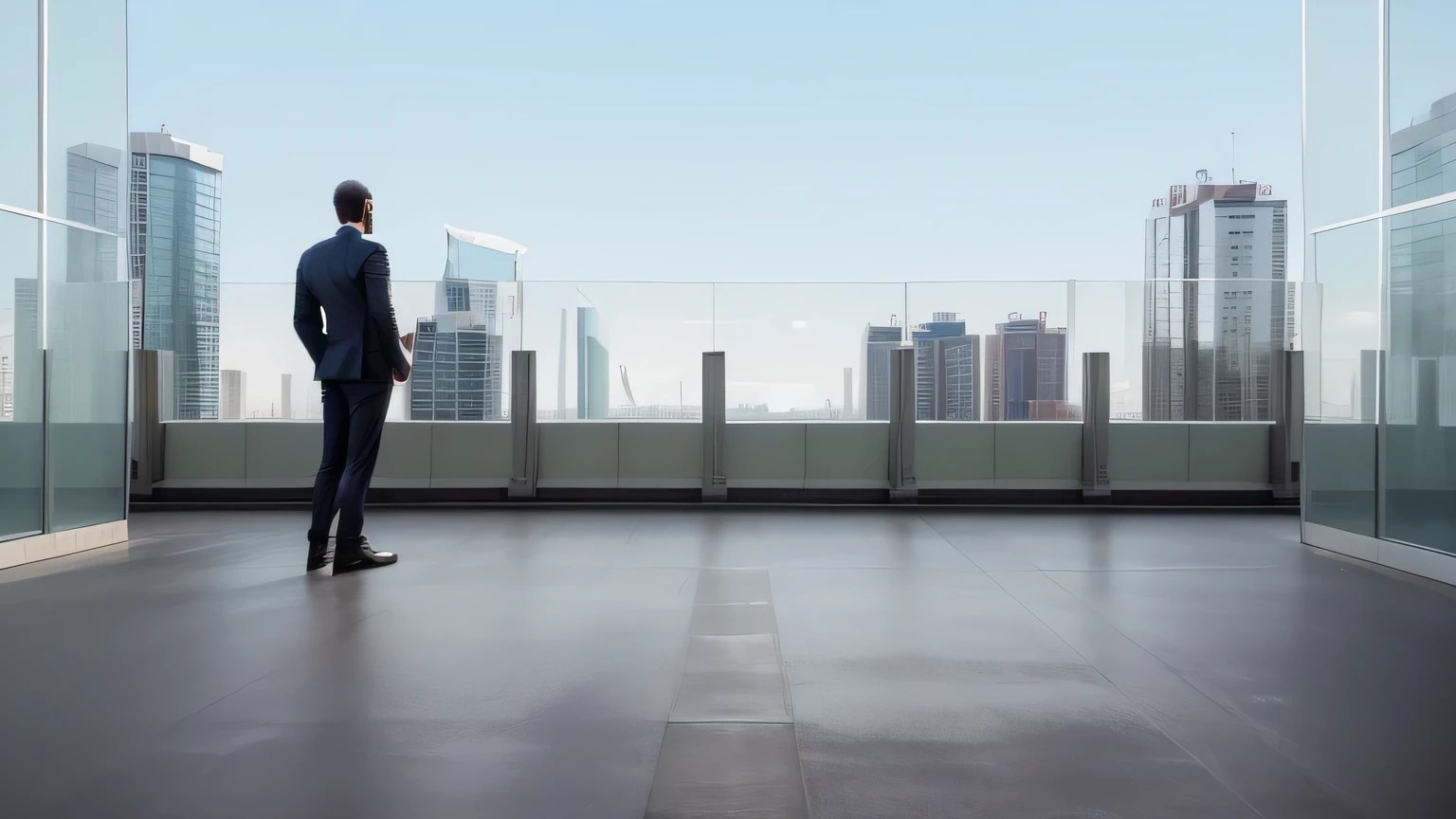 homem esperto de terno parado em uma grande sala com vista para a cidade, standing on the roof de um arranha-céu, standing on the roof, parado em um telhado, com vista para uma cidade moderna, olhando para a cidade, olhando para a cidade, vista do horizonte de um telhado, olhando para o horizonte, telhado da cidade, Man standing, sitting on the roof of a skyscraper