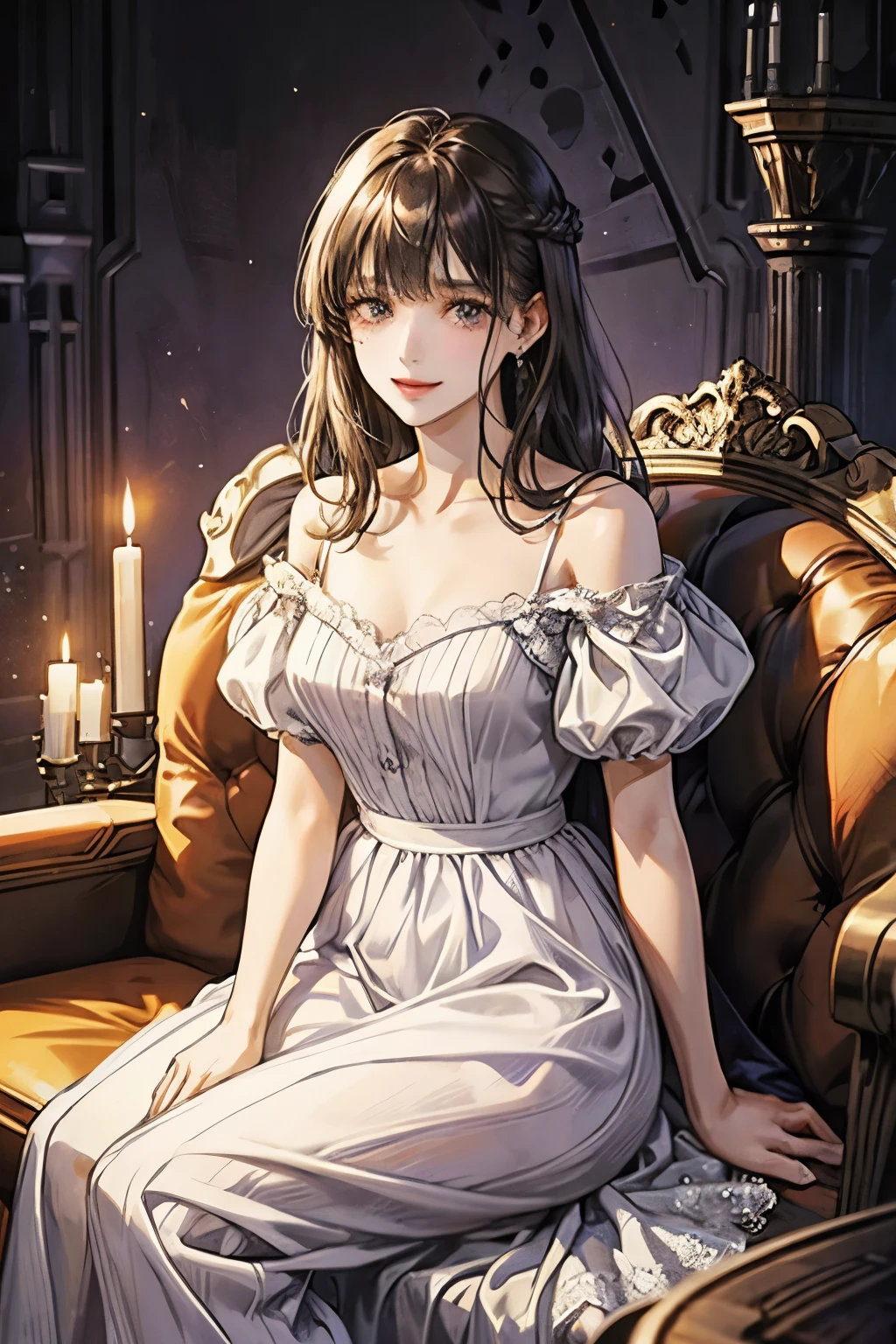 droopy eyes、brown eyelids on face、smile、17 year old female、woman wearing a dress、Girls with medium hair、((long hair girl))、Girl with bangs、detailed face、pretty face、((best image quality))、mole、lace dress、White and purple clothes、white and purple dress、hair arrangement、half up、simple background、woman sitting on a rock、