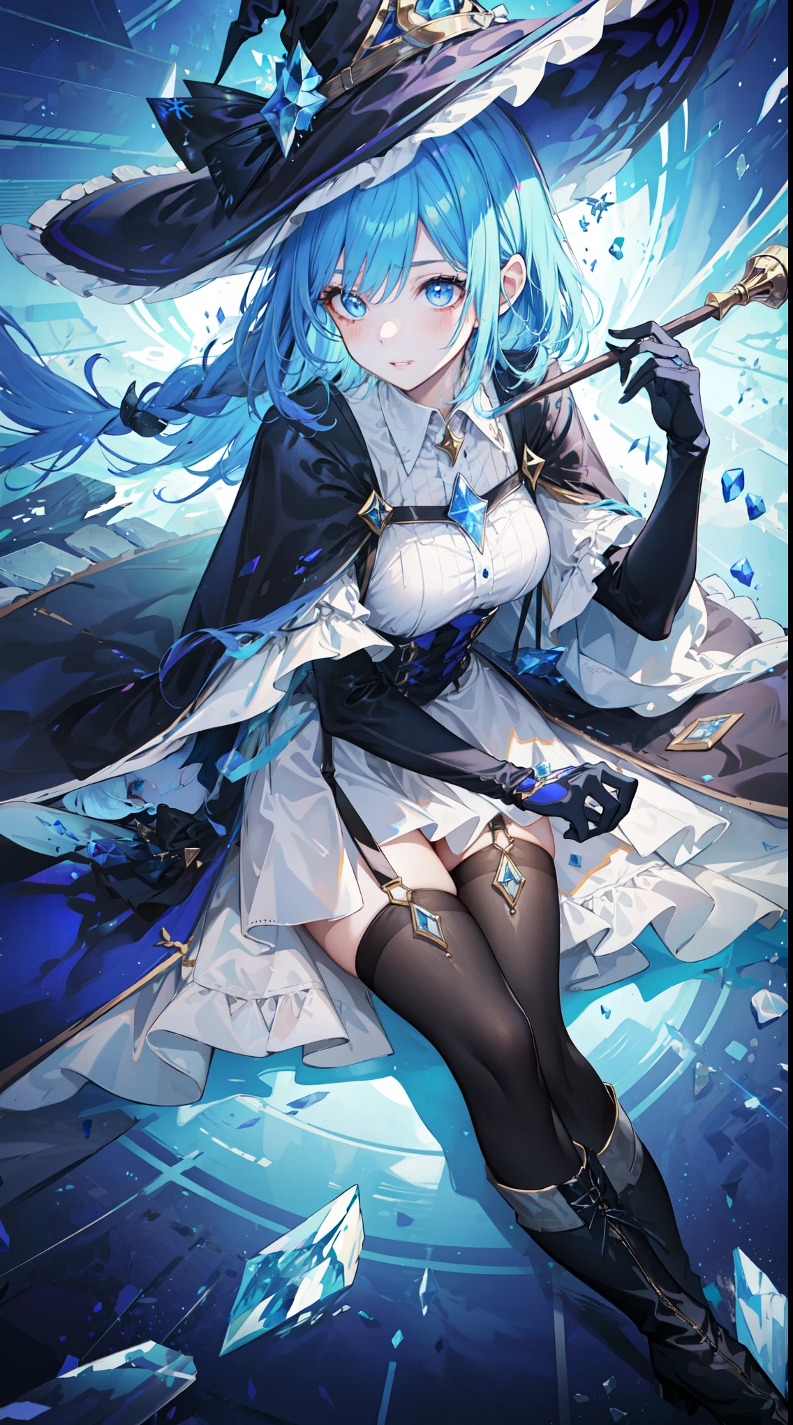 (best quality)+,(on the table)++,(Super detailed)++, Masterpiece Top Quality Super Fine Illustration High Detail Lighting Perfect Lighting, (Witch 1 person:1.3),, First class female body, Perfect body, beautiful breasts, View from the front, from above, delicate luster, Beautiful and delicate eyes, cute face, beautiful lips, semi-realistic, a girl surrounded by crystals, blue eyes, beautiful light blue hair, Beautiful iridescent eyes, Beautiful long and tousled hair, Cute witch girl costume sexy beautiful witch dress, Glow effect lens flare lotion gloss shine holy light background sunlight, Galaxy Witch Hat, boots braided on feet, and suspenders, looking at the audience,
