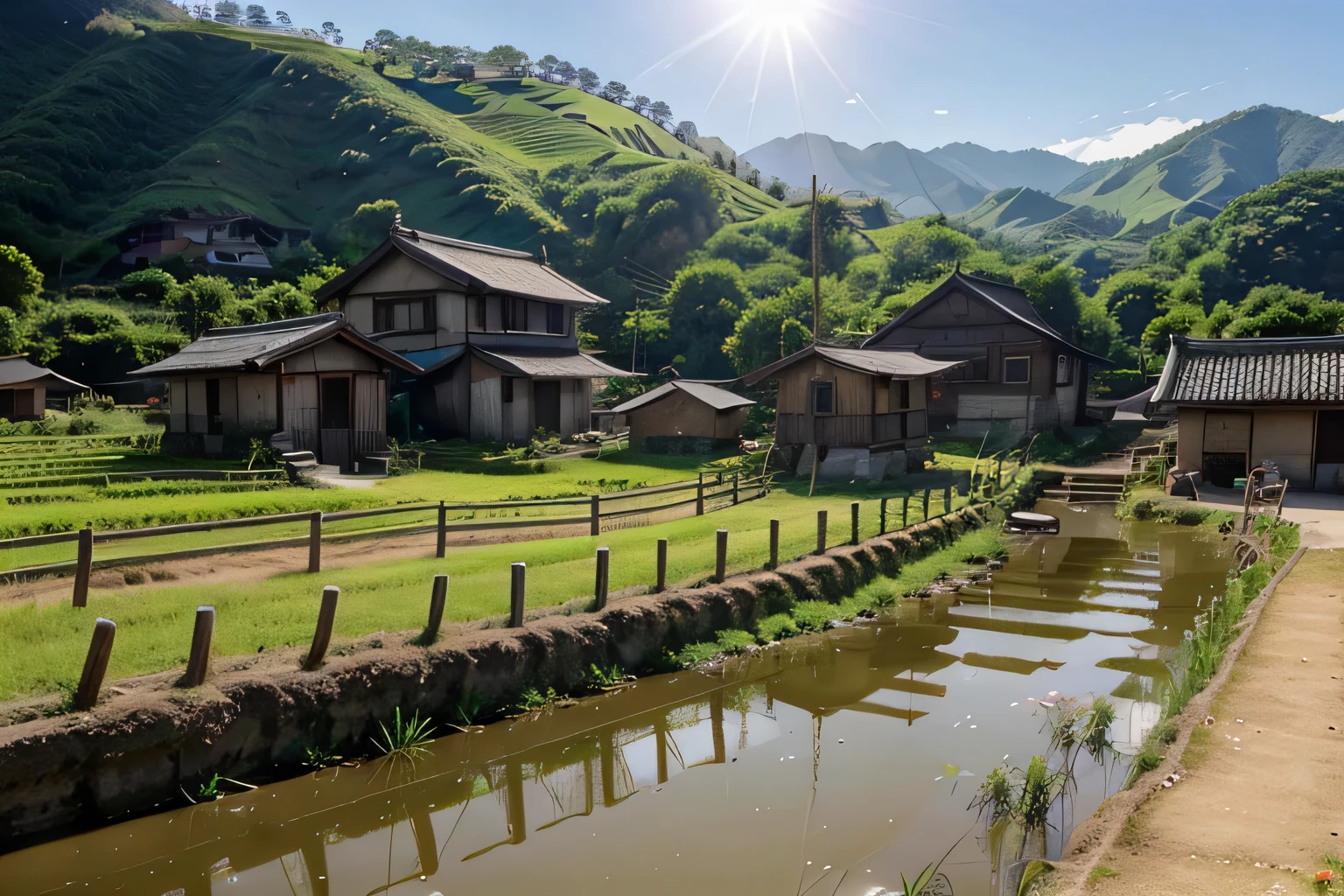The sun shines on this village 70 years ago、There is farmland、paddy、people、Chinese style house