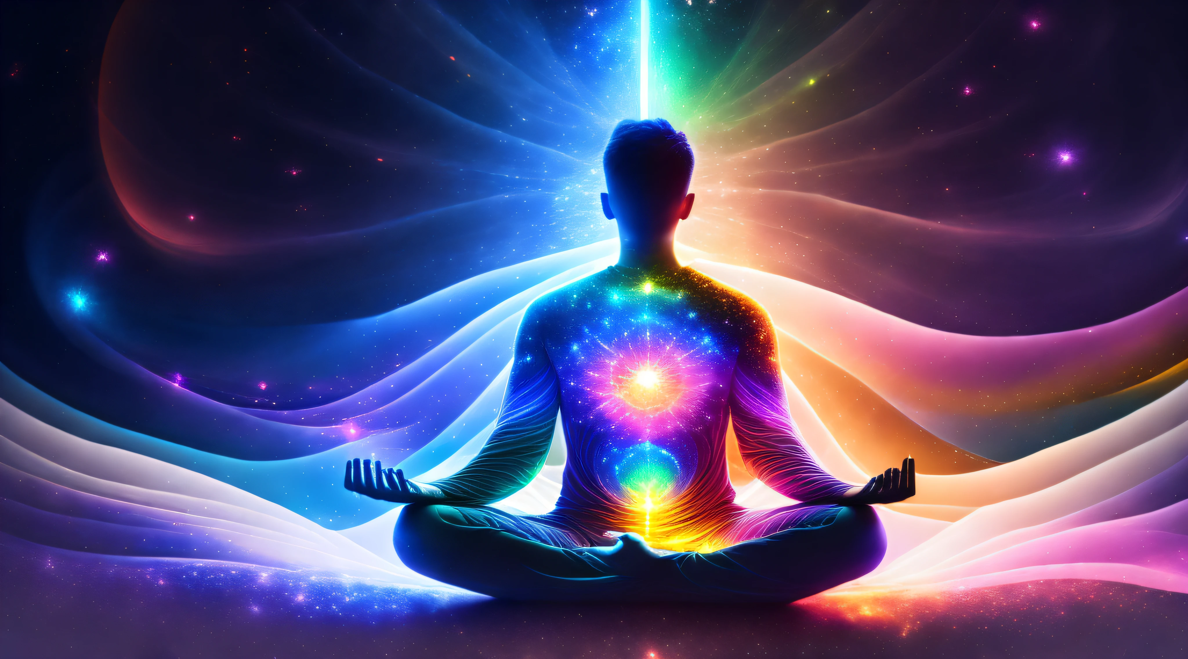 Man sitting in lotus position with closed hands on the background of space, colored energy field around a person, emits a bright aura, interdimensional existence, cosmic illumination, colored aura, bundle of cosmic energy