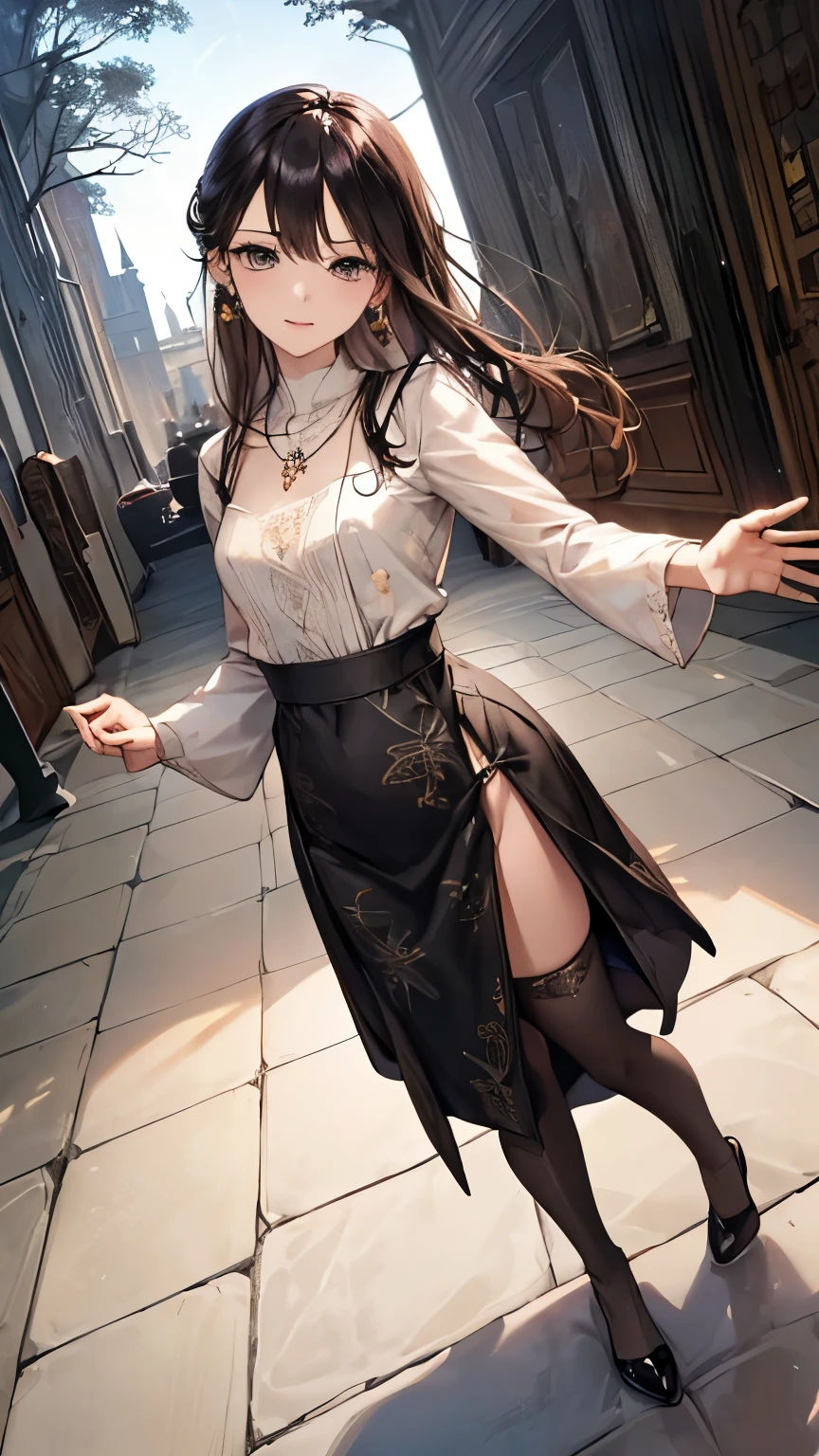 ((Biologically correct number of limbs))、((Hands on the back))、((full body shot, Full body photo including face、head to toe photo))、((standing position))、[NSFW]、4K、masterpiece、((focus on the face))、((Symmetrical facial features))、Eyes of minute description、Beautiful woman、outstanding style、beautiful clavicle、beautiful legs、slender body、(small ass、thin thighs）、(Uniform top and bottom set、gloveedium long skirt)、(high heels）、(patterned black stockings)、Detailed depiction of faces、small earrings、necklace、Low - Angle、Holiday morning scenery、