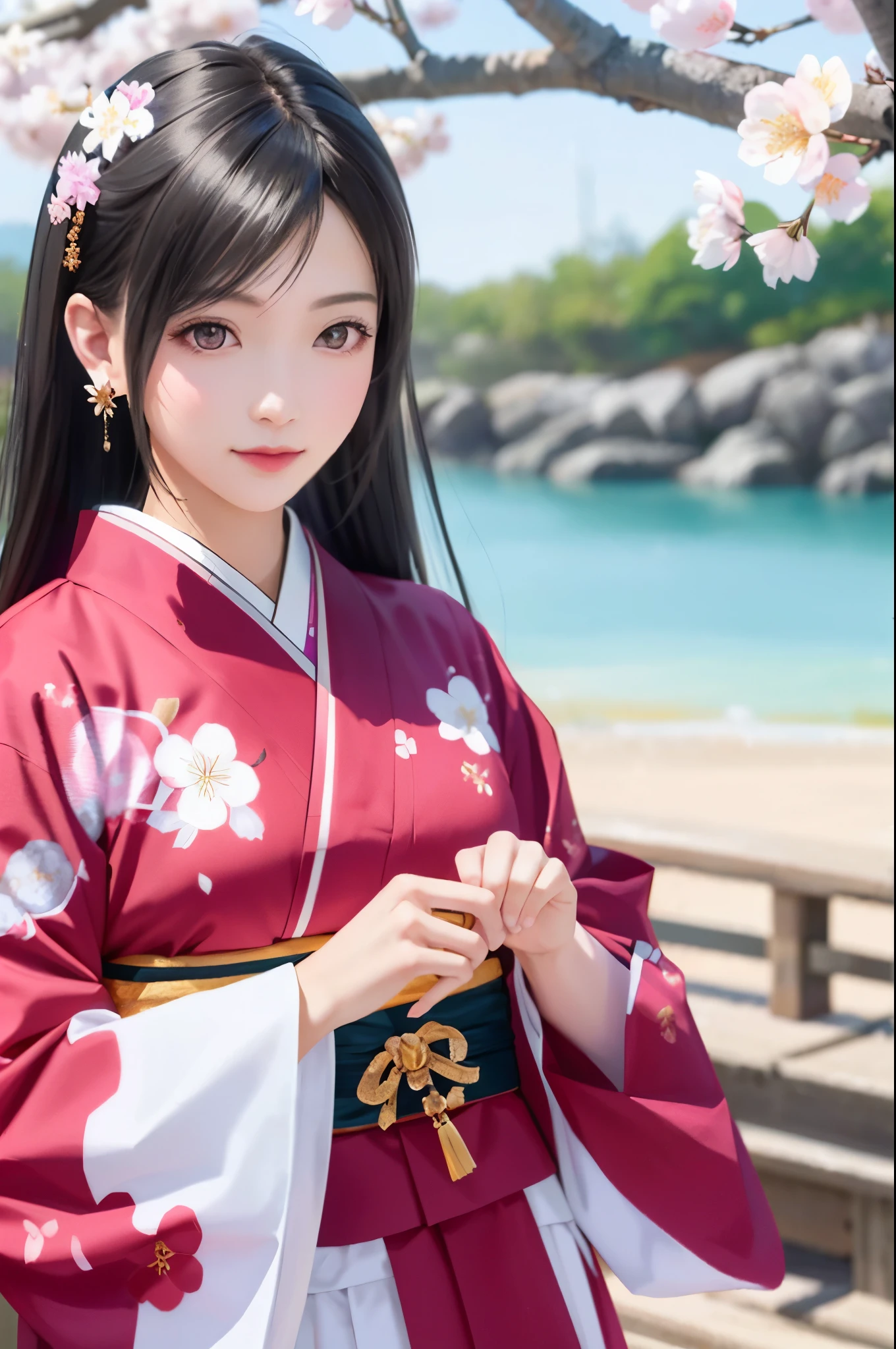 (Top Quality, Masterpiece: 1.1), (Realistic: 1.3), BREAK (((FF7,Tifa_lockhart))),Ultra-detailed face, Detailed red eyes,(black Brown Hair, Large breasts: 1.2), about 18 years old, (White Japanese Clothing, kimono , Japanese clothes, White cherry blossom pattern, White cherry blossom embroidery pattern, A dark-haired, Beautiful face, Real Face, Beautiful detail eyes, Beautiful skin), Hair flutters in the wind, Hair jumps, Pink cherry blossom tree, Petals flutter, Sakura blizzard, Superb view, morning glow, Sun in the background, the wind, Deities, tusk, myth, Vast Land, kawaii,(cool pose:1.2),Wallpapers, ultra high res, ultra high quality, face focus:1.2