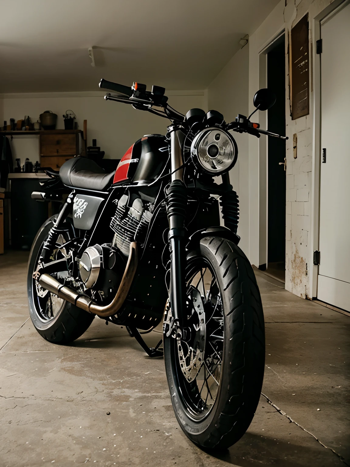 motorbike, caferacer, photo of a black caferacer motorbike, cool, stylish, photo of a motorbike on the page, caferacer, inside the house