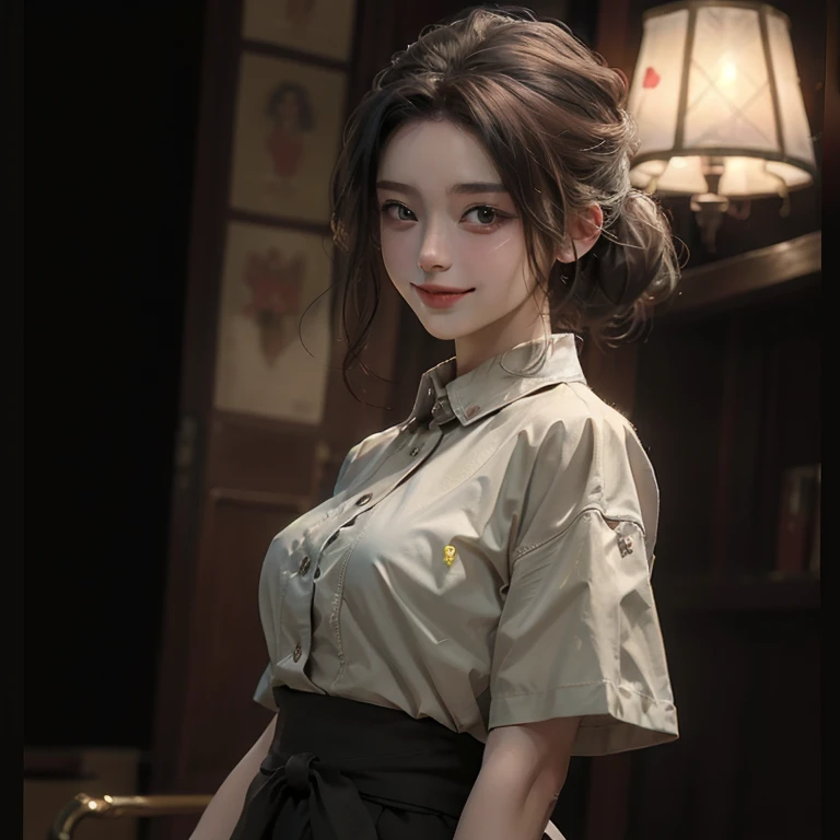 best quality, masterpiece, (photorealistic:1.4), 1girl, light smile, shirt with collars, waist up, dramatic lighting, from below
