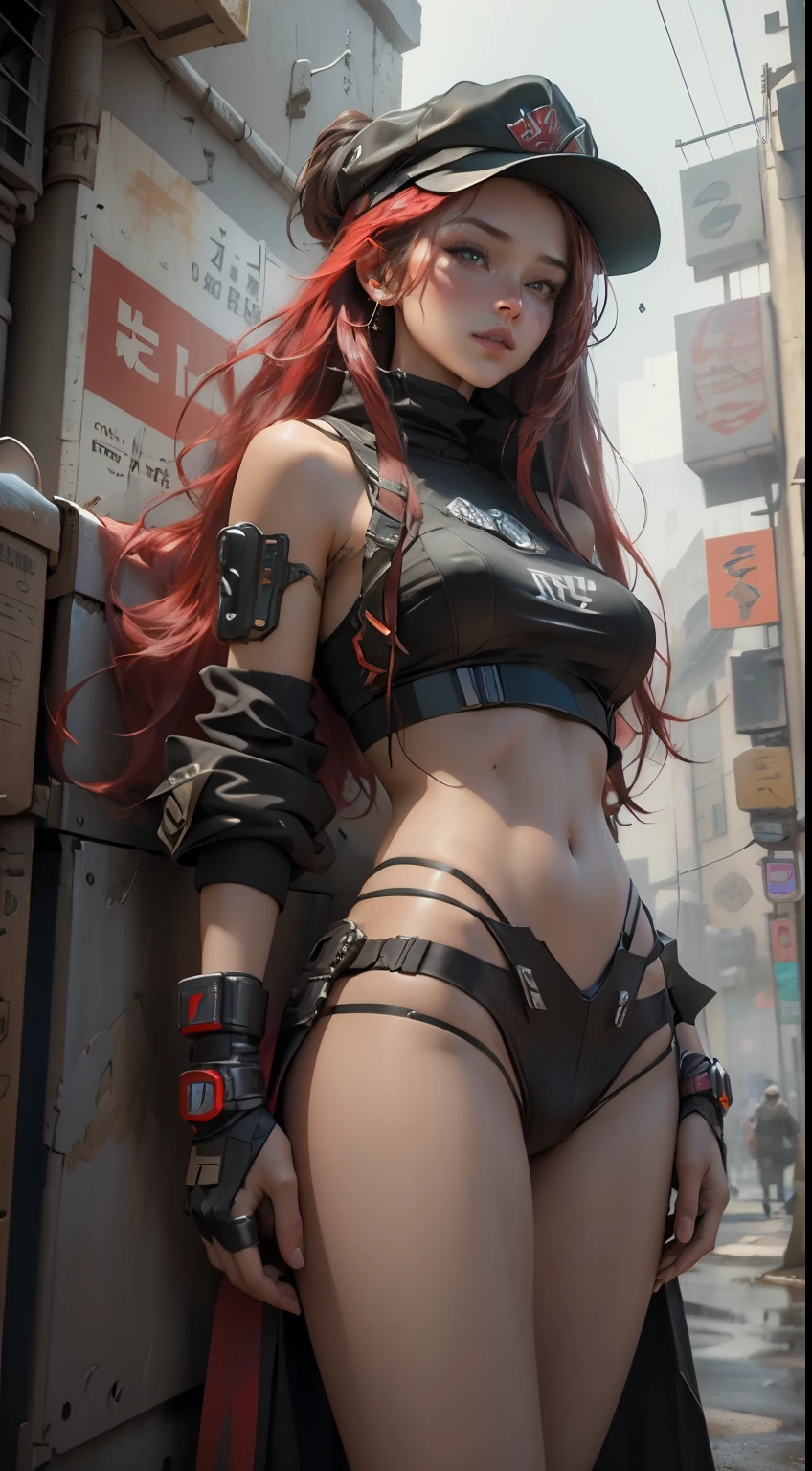 Unreal Engine:1.4,CG hyper-realistic K, lifelike:1.4, Texture:1.4, masterpiece:1.4,Beautiful girl with long hair hat、Short cyberpunk style clothing, panmedias red , thong blue,