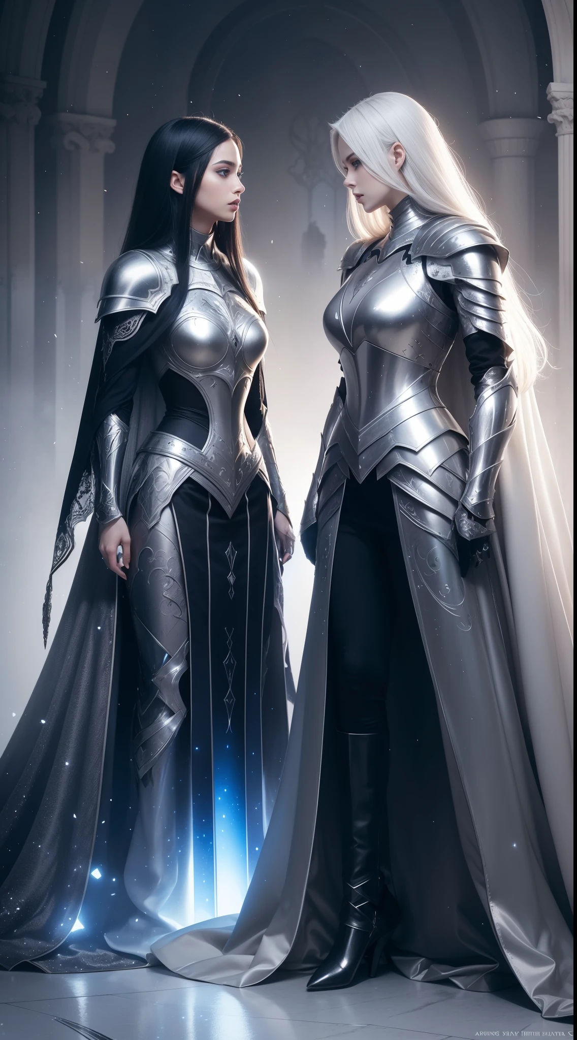 Masterpiece, beautiful detailed realistic definition, ((two female knight Standing in front of each other, face-to-face)), Two knights clashing with each other, Fighter female, Warrior female, Mecha, full auras, silver aura, cover with aura, (arrogant), (random hair colored, shiny hair, gradient hair), armor hair ornament, beautiful details eyes, (aquamarine eyes, glowing eyes), long eyelashes, mascara, eyeliner, (full body dress armor, elegant, long skirt), crystals armor, cape, glowing and shining armour, Edge lights, hourglass body, beautiful detailed realistic definition, expressive eyes, perfect detailed beautiful determinate face, professional, Extremely aesthetic, Extremely detailed realistic clothing, blue lights that shimmer, (glowing and shining armor), floating particles, white and silver color schemes, Knight war as background, Enemies knight surround her, Knight War, calm atmosphere, ground covered in slabs, royal black metal armor, dark souls style, dark fantasy, dark age atmosphere, cloudy day, art station contest winner, perfect reflection