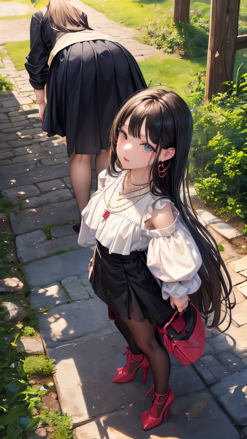 ((Biologically correct number of limbs))、((Hands on the back))、((full body shot, Full body photo including face、head to toe photo))、((standing position))、[NSFW]、4K、masterpiece、((focus on the face))、((Symmetrical facial features))、Eyes of minute description、Beautiful woman、outstanding style、beautiful legs、slender body、(small ass、thin thighs）、(Uniform top and bottom set、gloveedium long skirt)、(high heels）、(patterned black stockings)、Detailed depiction of faces、small earrings、necklace、Low - Angle、Holiday morning scenery、