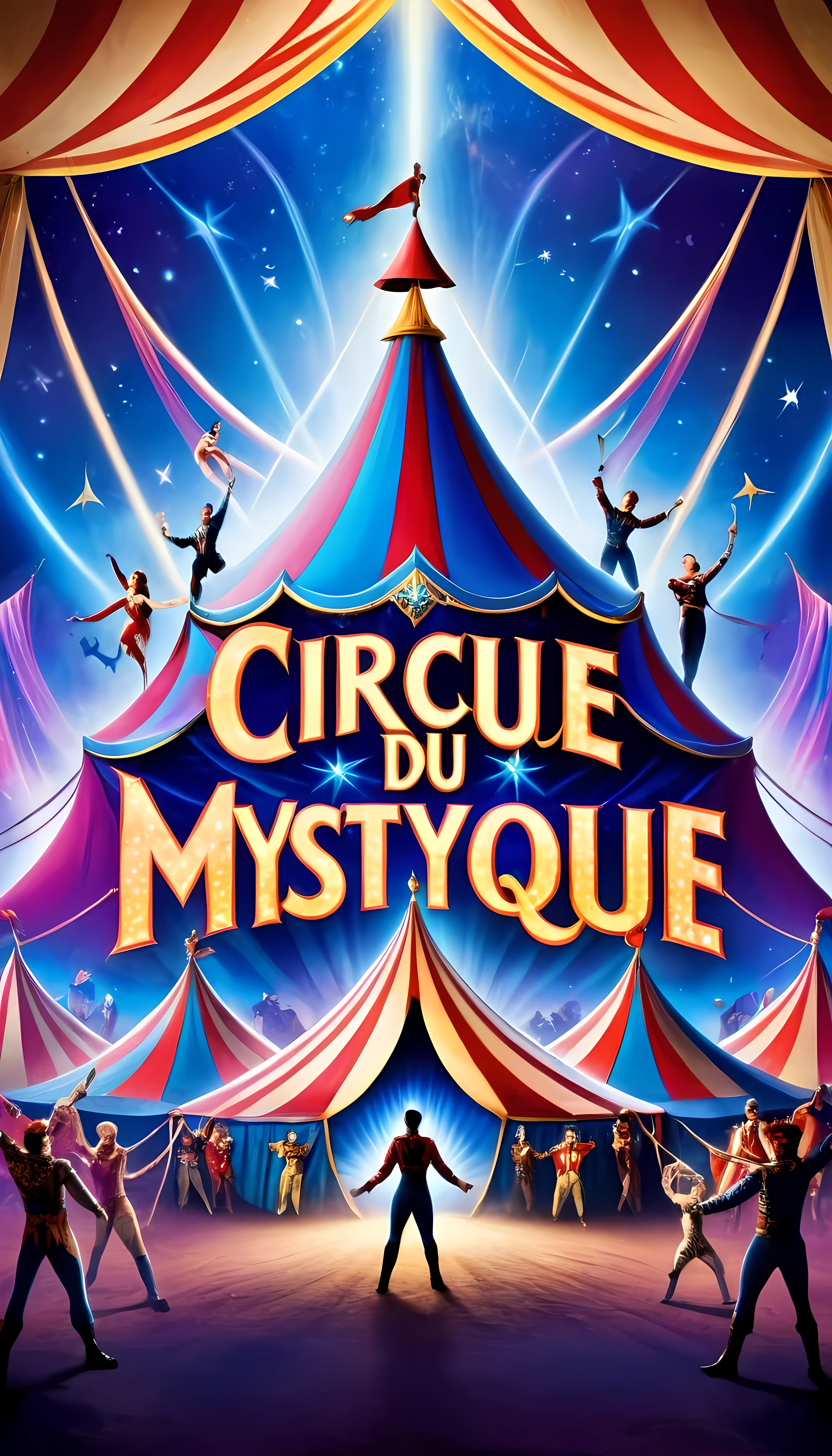 Movie Poster - poster of a movie with the big title "Cirque du Mystique", featuring a mesmerizing mystical realm, the circus performers with extraordinary powers gather under the starlit tent.