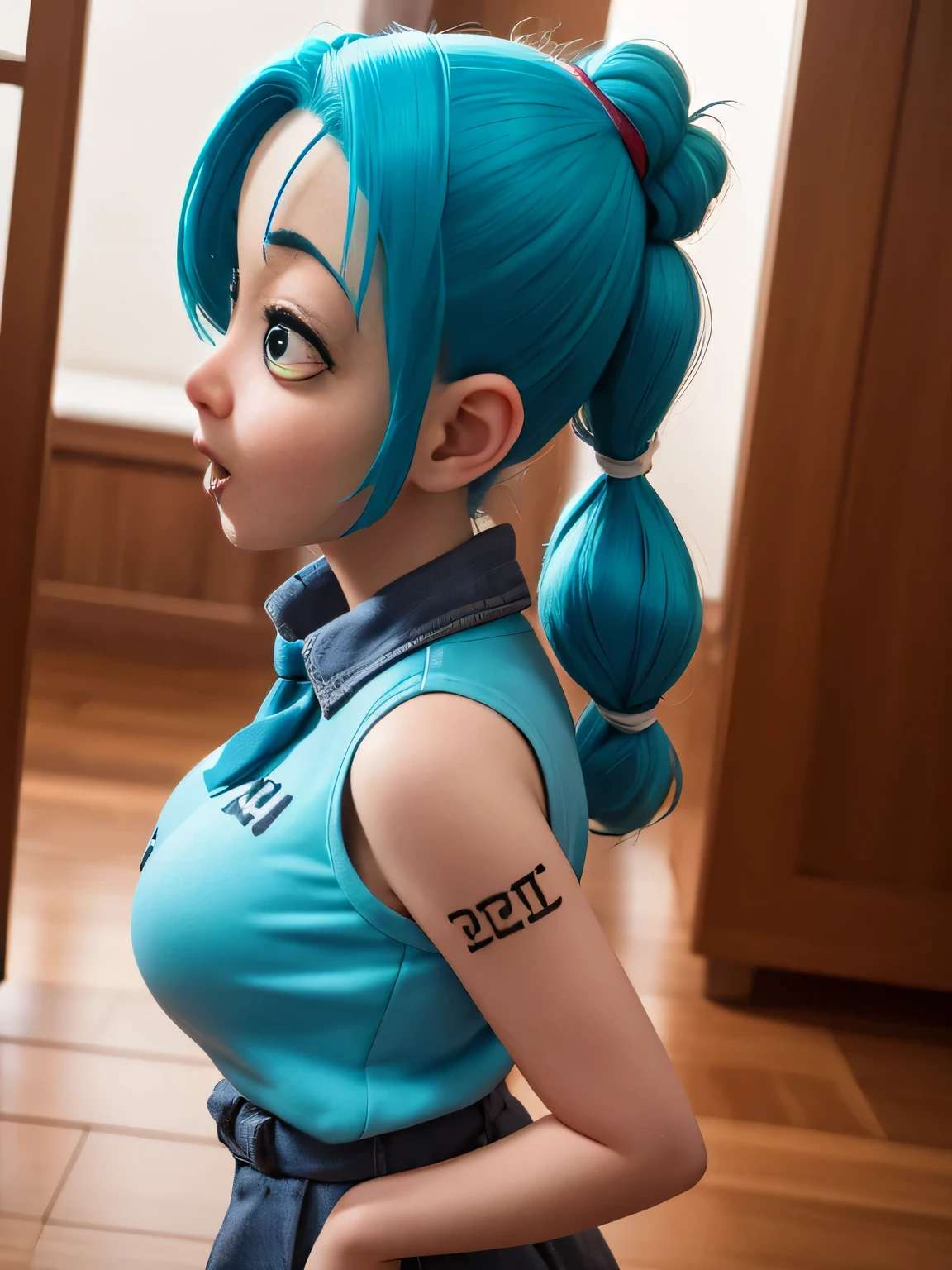 Create the iconic Dragon Ball Anime character, Encontrarse: Dragon Ball, pony, Cabello Aqua, cinta para el cabello, cola de caballo trenzada, camisa rosa, belt, bufanda, falda rosa, Escritura de ropa, guantes marrones, senos medianos, pelo azul, Capsule Corporation. dyed blue hair