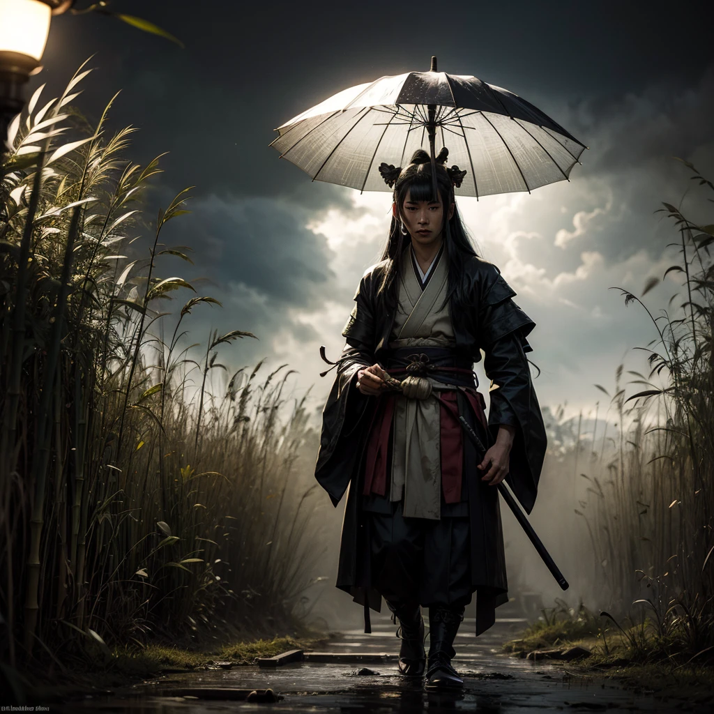 black and white Samurai girl holding a big umbrella,smoking a cigarrete with a bunch of black shadows behinds him,long hair,fog,wind,night,highnoon,bamboo,grass on the ground,mud on the ground,film grain,black and white,traditional japanese art,oriental,cinematic,sekiro,ghost of tsushima,handmade,art nouveau,detailed