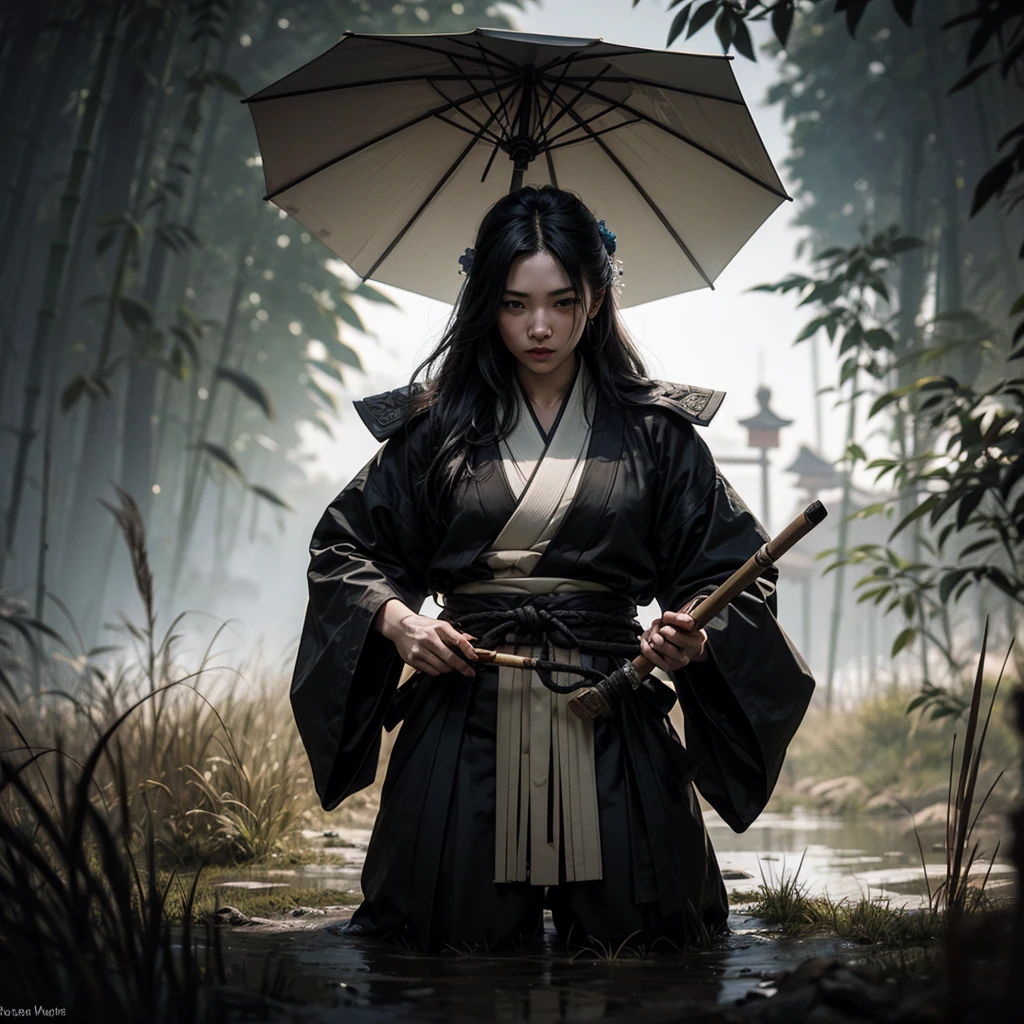 black and white Samurai girl holding a big umbrella,smoking a cigarrete with a bunch of black shadows behinds him,long hair,fog,wind,night,highnoon,bamboo,grass on the ground,mud on the ground,film grain,black and white,traditional japanese art,oriental,cinematic,sekiro,ghost of tsushima,handmade,art nouveau,detailed