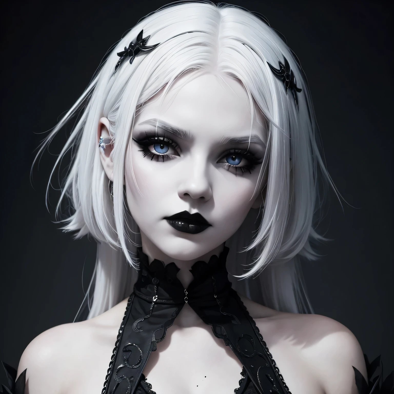 (best quality) (close up) (headshot) beautiful gothic woman with snow white skin blond hair showing black roots with a center part hair and ice blue eyes wearing black lip stick and black makeup with tattoos, looking over shoulder, HDR, 4K, 3D
