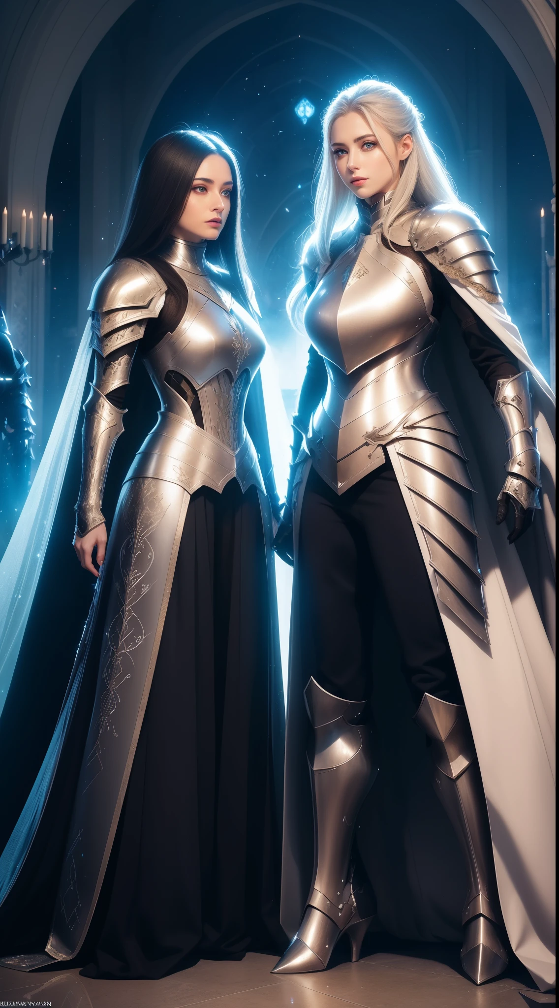 Masterpiece, beautiful detailed realistic definition, ((two female knight Standing in front of each other, face-to-face)), Two knights clashing with each other, Fighter female, Warrior female, Mecha, full auras, silver aura, cover with aura, (arrogant), (random hair colored, shiny hair, gradient hair), armor hair ornament, beautiful details eyes, (aquamarine eyes, glowing eyes), long eyelashes, mascara, eyeliner, (full body dress armor, elegant, long skirt), crystals armor, cape, glowing and shining armour, Edge lights, hourglass body, beautiful detailed realistic definition, expressive eyes, perfect detailed beautiful determinate face, professional, Extremely aesthetic, Extremely detailed realistic clothing, blue lights that shimmer, (glowing and shining armor), floating particles, white and silver color schemes, Knight war as background, Enemies knight surround her, Knight War, calm atmosphere, ground covered in slabs, royal black metal armor, dark souls style, dark fantasy, dark age atmosphere, cloudy day, art station contest winner, perfect reflection