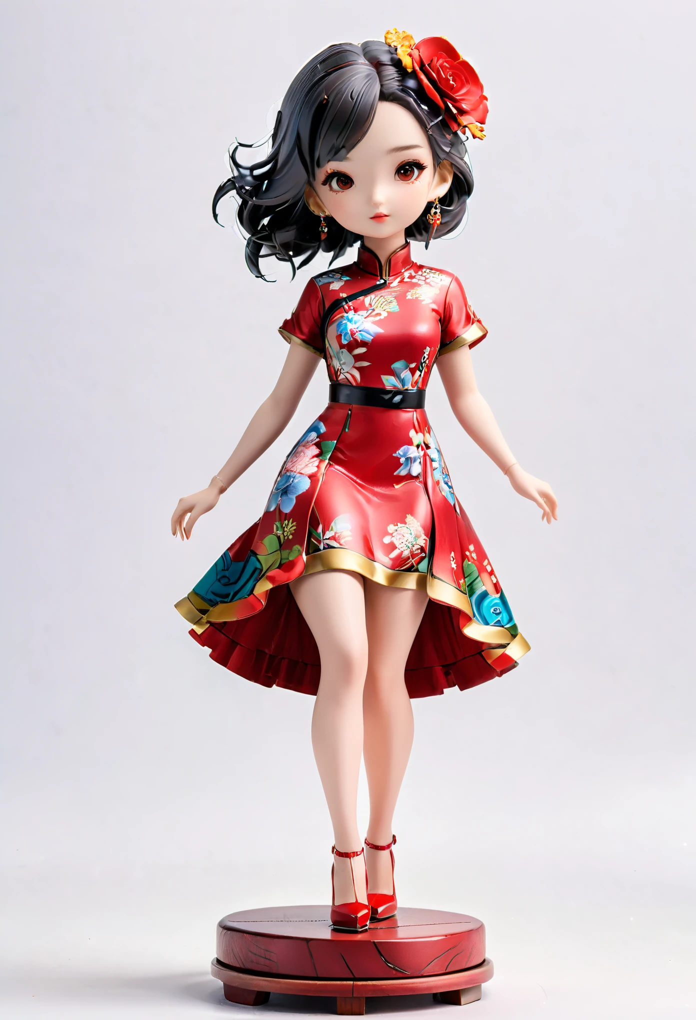 (Blind Box Spielzeug Stil:1.2),full body, solo,white background,(1 Beautiful girl Models ,Stand on a round wooden base,red rose dress, high heels),(Oriental elements, Chinese color,Very colorful),3D