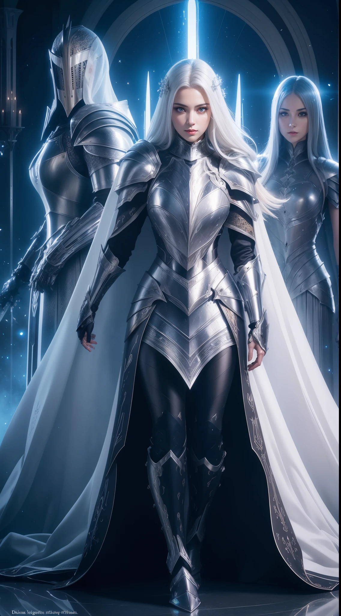 Masterpiece, beautiful detailed realistic definition, ((two female knight Standing in front of each other, face-to-face)), Two knights clashing with each other, Fighter female, Warrior female, Mecha, full auras, silver aura, cover with aura, (arrogant), (random hair colored, shiny hair, gradient hair), armor hair ornament, beautiful details eyes, (aquamarine eyes, glowing eyes), long eyelashes, mascara, eyeliner, (full body dress armor, elegant, long skirt), crystals armor, cape, glowing and shining armour, Edge lights, hourglass body, beautiful detailed realistic definition, expressive eyes, perfect detailed beautiful determinate face, professional, Extremely aesthetic, Extremely detailed realistic clothing, blue lights that shimmer, (glowing and shining armor), floating particles, white and silver color schemes, Knight war as background, Enemies knight surround her, Knight War, calm atmosphere, ground covered in slabs, royal black metal armor, dark souls style, dark fantasy, dark age atmosphere, cloudy day, art station contest winner, perfect reflection