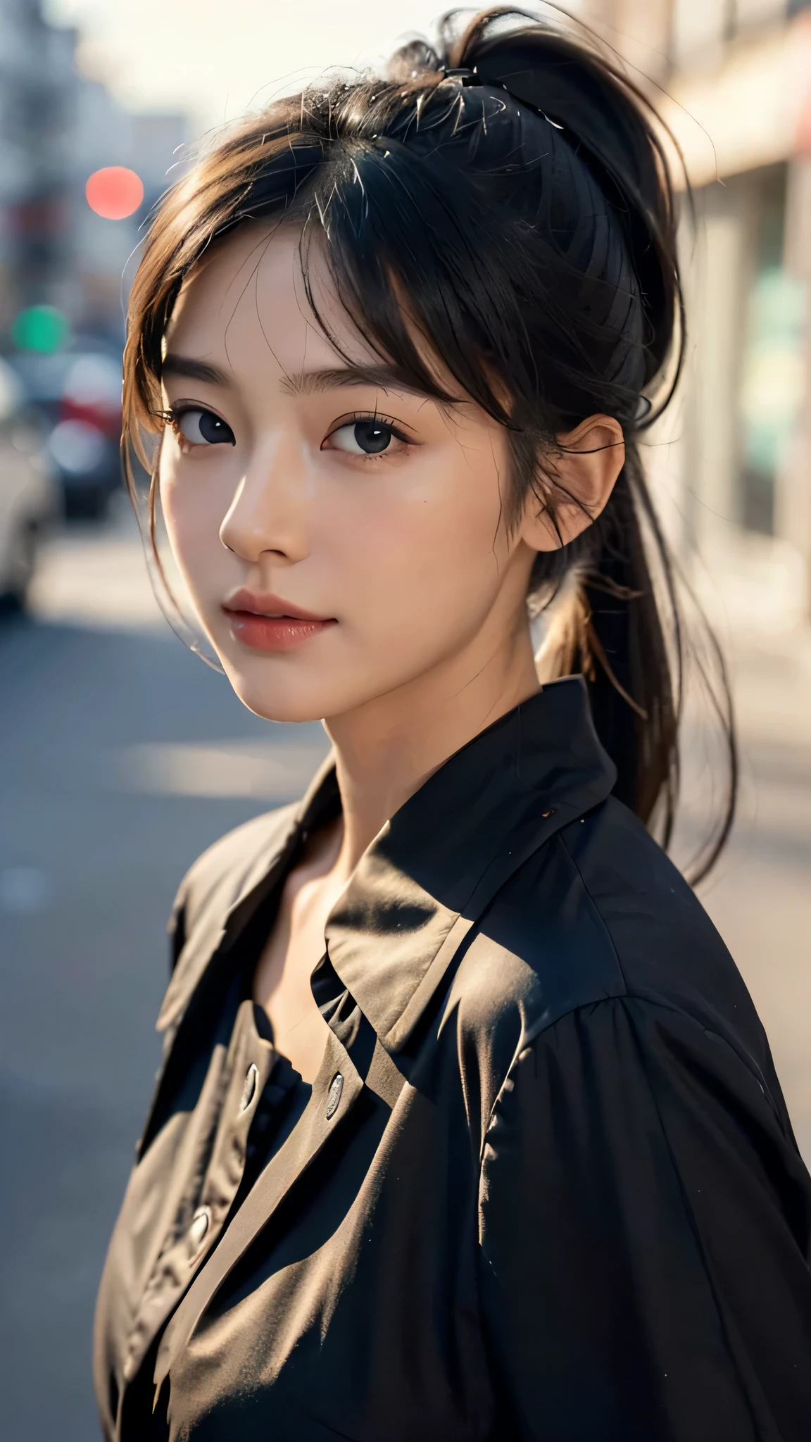 One woman,fully body photo,masutepiece, The highest image quality, High quality, the background is clear,Beautiful woman, Japanese, Detailed, Detailed eyes, Detailed skin, Beautiful skin, 超hight resolution, (reality: 1.4),Very beautiful woman, Slightly younger face, Beautiful skin, slender, (Ultra photo realsisim), (hight resolution), (8K), (Very detailed) (beautifully detailed eyes), (super detailed), (Detailed face), view the viewer, Fine details, Detailed face, Staring straight ahead, Staring straight ahead, photos realistic, Bright lighting, Professional Lighting, Black hair,poneyTail,a baby face,sixteen years old,Hairstyle is ponytail,long ponytail hairstyle,slight smile,wearing business suit,the street Office Buildings,