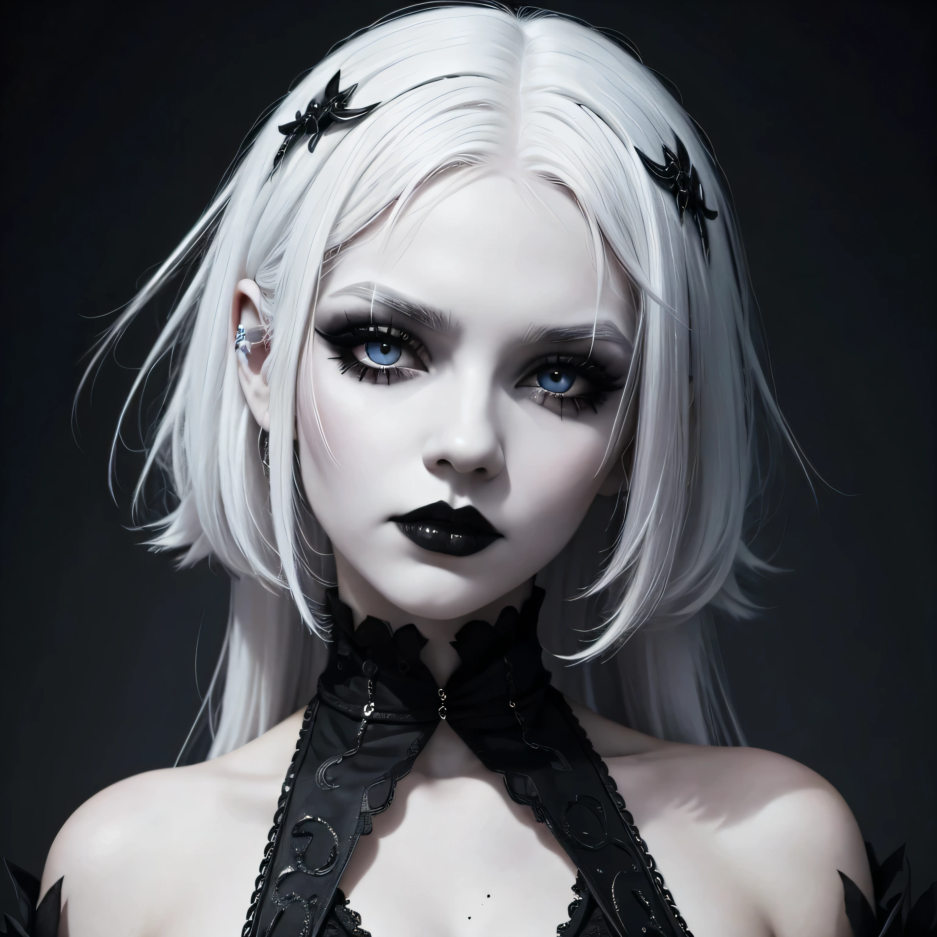 goth girl, white hair, heavy goth makeup, portrait, dark