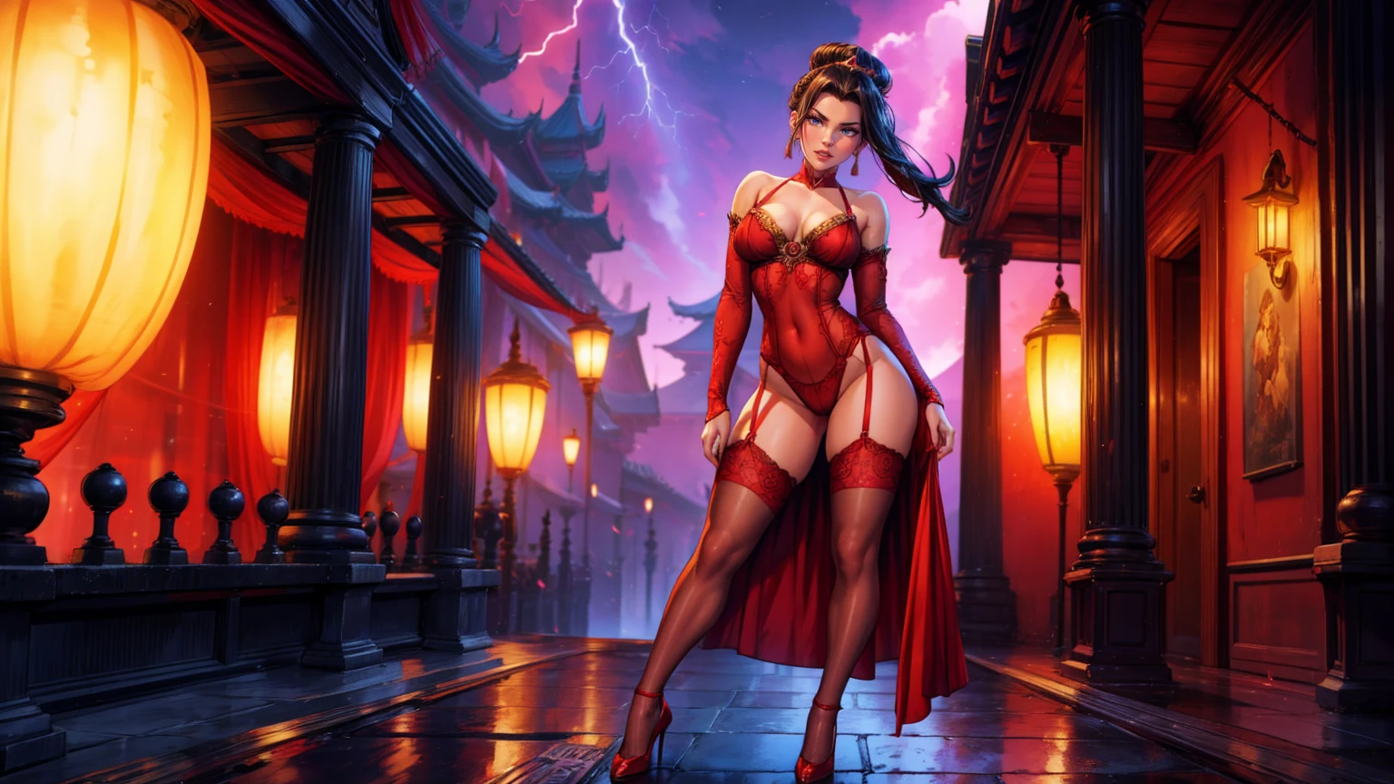 princess Azula, wearing transparent red lingerie, silk stockings, lace stockings, see through lingerie, wide hips, naked body can be seen, standing on the street, fire magic, fire aura, lightning, (masterpiece), best quality, ultra-detailed, 1024k UHD wallpaper, ultra-high resolution, depth of field, HDR, Ray tracing, RTX, high saturation, high contrast, photon mapping, best texture quality, best compotitiontremely detailed CG 1024k wallpaper), Ultra HD, Perfect Face, Perfect Anatomy, Perfect hand, Perfect Finger, (Full body),