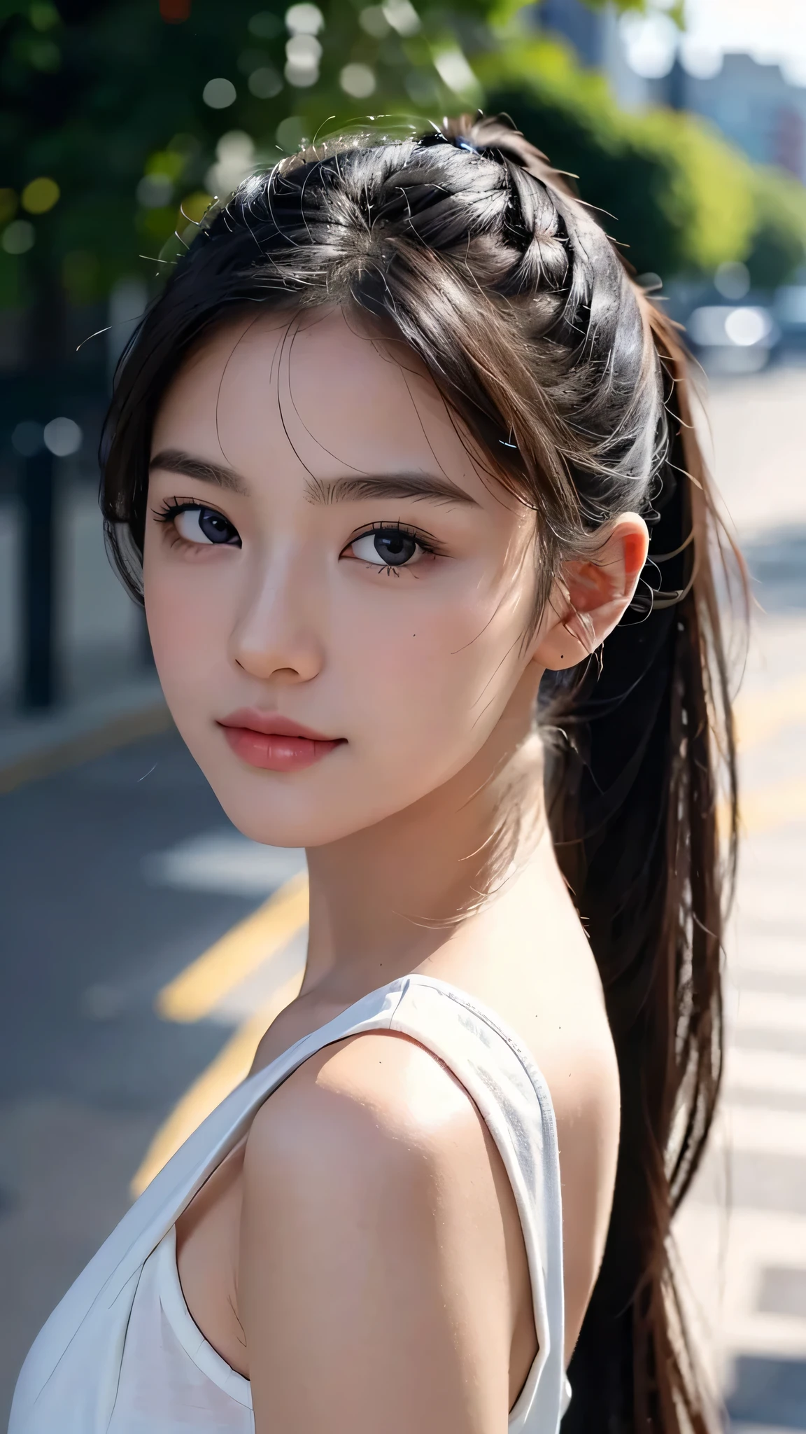 One woman,fully body photo,masutepiece, The highest image quality, High quality, the background is clear，Beautiful woman, Japanese, Detailed, Detailed eyes, Detailed skin, Beautiful skin, 超hight resolution, (reality: 1.4),Very beautiful woman, Slightly younger face, Beautiful skin, slender, (Ultra photo realsisim), (hight resolution), (8K), (Very detailed) (beautifully detailed eyes), (super detailed),   (Detailed face), view the viewer, Fine details, Detailed face, Staring straight ahead, Staring straight ahead, photos realistic, Bright lighting, Professional Lighting, Black hair,poneyTail,a baby face,sixteen years old,Hairstyle is ponytail,long ponytail hairstyle,slight smile,wearing business suit,the street Office Buildings,