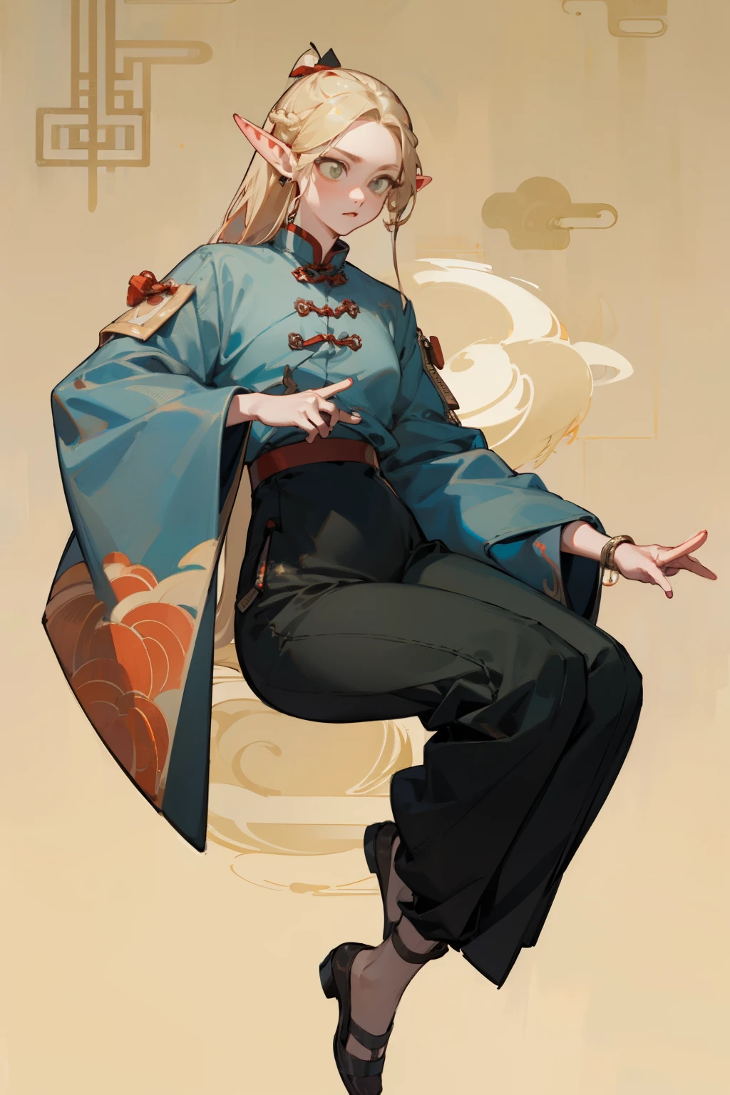 (masterpiece, best quality) detailed, Wearing black pants, silver accessories , zipper unzipped , blonde ,elegant, pointed ears ,Chinese style,Hanfu,whole body,Chinese pattern,
