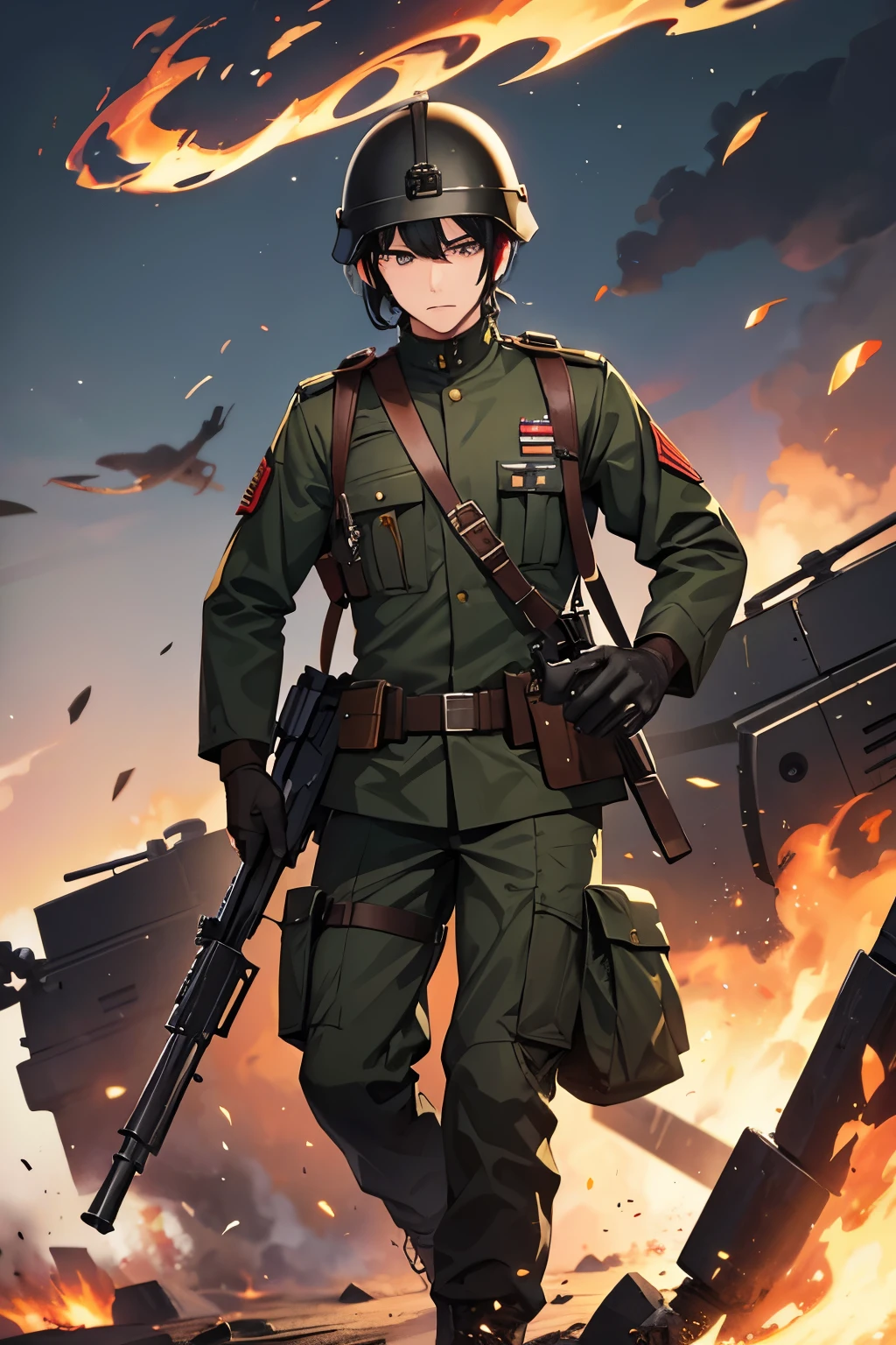 1 male soldier, Wearing a military helmet，Wearing a military uniform，black hair，machine guns，Gatling，Ammunition is plentiful，Full fire，On the lawn，There is a rank on the helmet