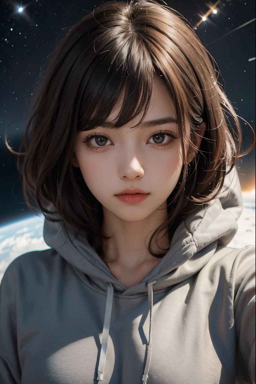 A beautiful woman. Twenty-three years old. Dark brown hair. She is looking at the camera with a serious expression. She is wearing a gray hoodie. Images of outer space and parallel universes in her background.