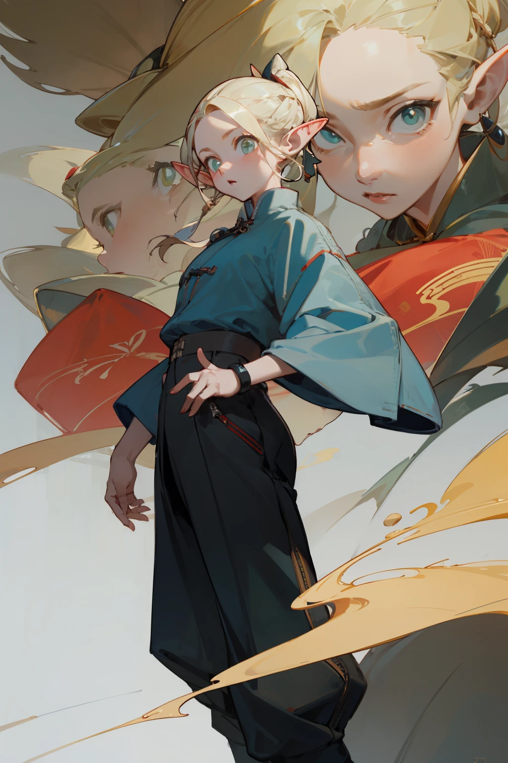 (masterpiece, best quality) detailed, Wearing black pants, silver accessories , zipper unzipped , blonde ,elegant, pointed ears ,Chinese style,Hanfu,whole body,Chinese pattern,
