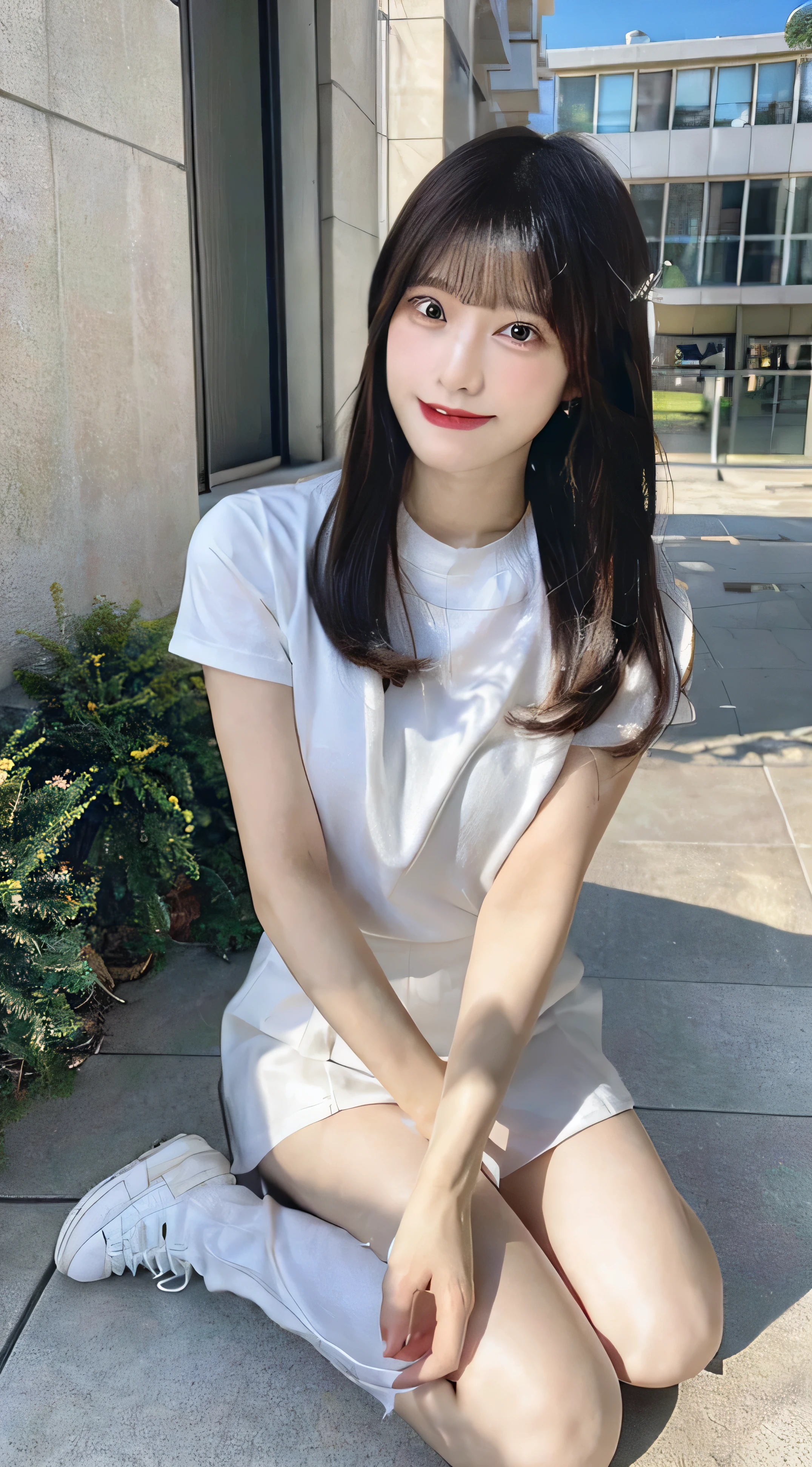 (highest quality,8K quality,masterpiece:1.3),(ultra high resolution,Photoreal:1.4,RAW photo),(Super detailed,caustics,detailed background),(ultra-realistic capture,Fine and beautiful skin,perfect anatomy), beautiful eyes, . double, Clean city,18-year-old,cute,Black Long, white short sleeve t-shirt,looking at camera,laughter,full body shot,natural soft light, smile, white teeth, perverted woman,, white thighs, beautiful feet