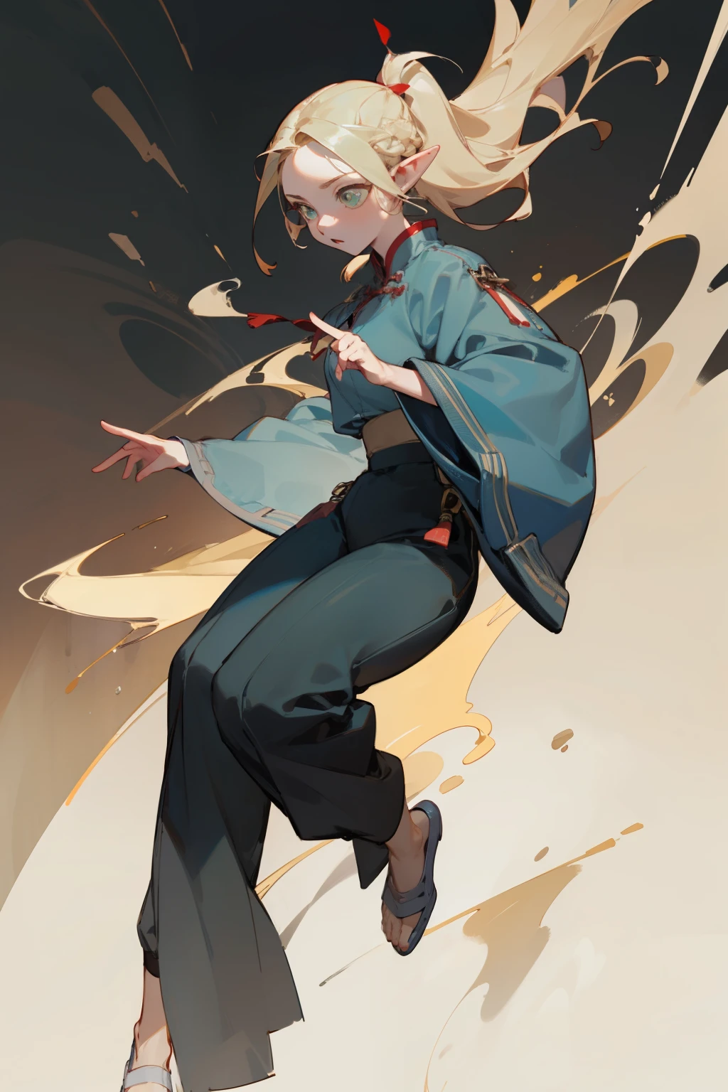 (masterpiece, best quality) detailed, Wearing black pants, silver accessories , zipper unzipped , blonde ,elegant, pointed ears ，Chinese style，Hanfu，whole body，Chinese element pattern，thigh，漏出thigh