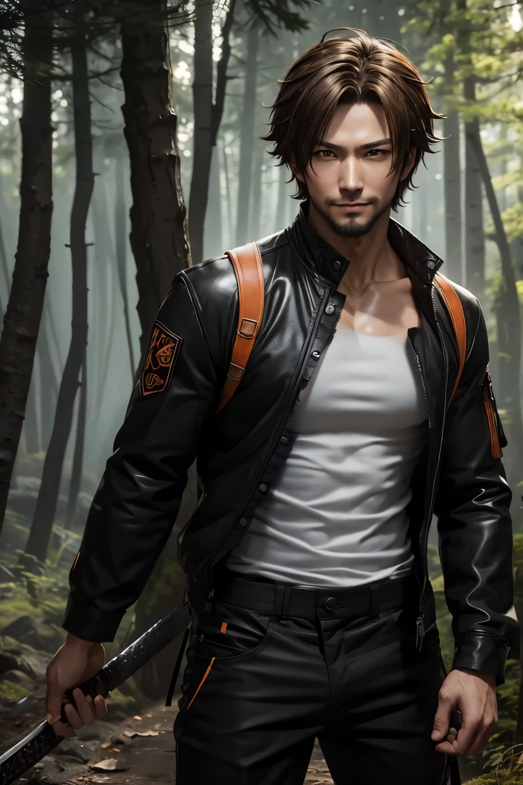 8k,Young boy with fancy brown medium bob hair,challenging atmosphere,muscular slim body,super realistic skin,Severely cracked abdominal muscles,black and orange combat jacket,wear a white inner shirt,black combat pants,In the forest with a large and long Japanese sword,naughty smile,Big eyes,black eye,Wear black combat uniform to hide your body,perfect hand shapeの詳細,comical pose,masterpiece,Photorealistic RAW photos of the highest quality。bright colors,rich colors, Backlight, cinematic lighting, film grain, to be born, 50mm lens, Nikon D850,detailed character art,fantasy art,ultra high resolution,super realistic skin,perfect hand shape,mountain path,persona 4(Hanamura Yosuke),wild(super realistic skin),Stylish one-point beard,Yuichi Nakamura&#39;s face,hide physical beauty,