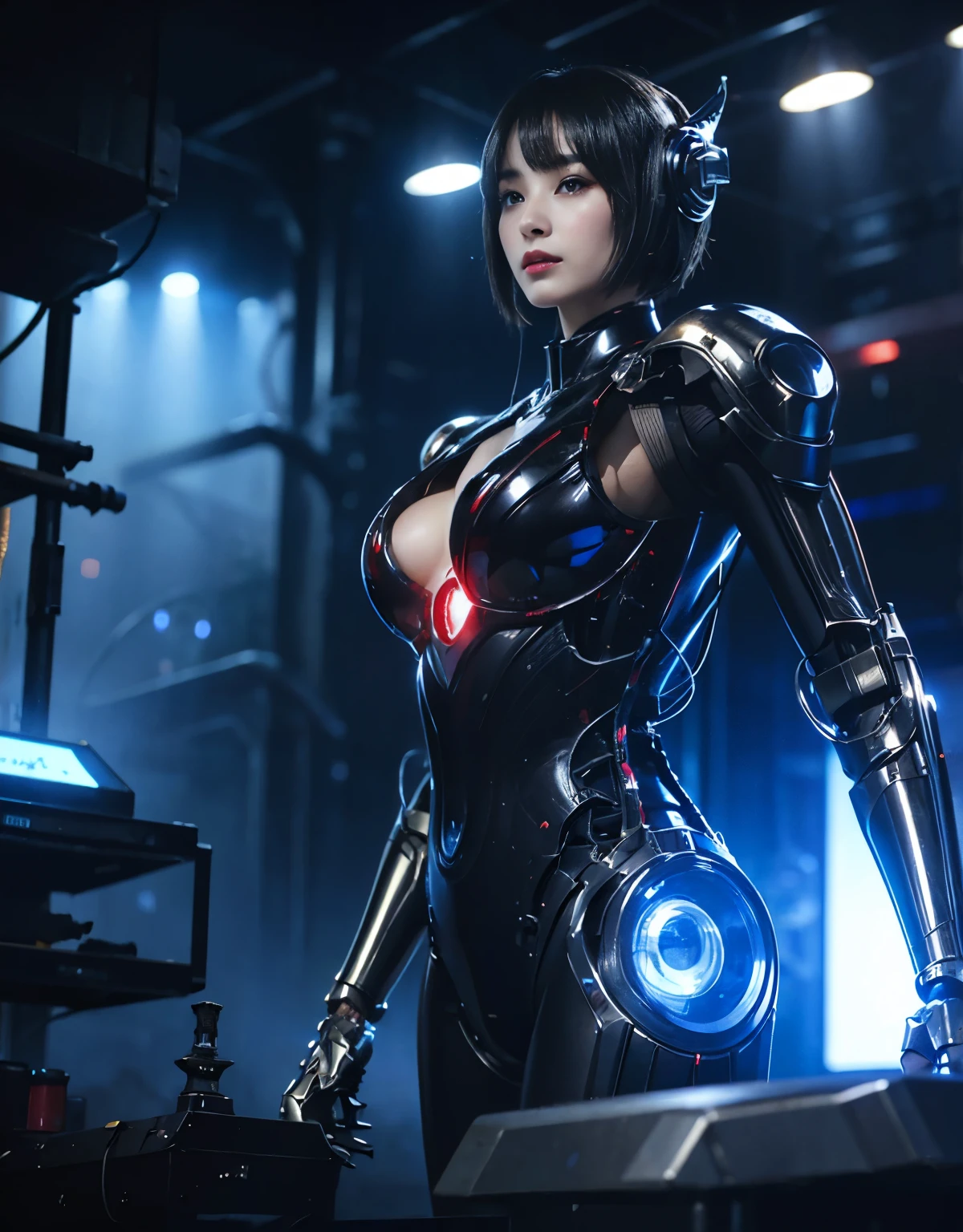 ((hyperrealistic, photorealistic, 8k, intricate detailasterpieceest quality, (Portrait:1.3), full body, ultra-detailed, a hot geisha, expose vagina, change vulgar armor, fleshy lips, silky skin, cyborechanical limbs), hybrid machine woman, android girl, cyborg queen, robotic goddess, robotic valkyrie, mechanical diva, divine circuits, ex-machina goddess, transhuman maiden, cybernetic goddess, cybernetic eroticism, dynamic angle, standing pose, (1 girl), Heterochromia red and blue eyes, Black ponytail hair, cybernetic micro armor, neck body mechanisms, gorgeous beautiful face, red orbs lighting power, multicolored neon cloud, neon twilight, cybernetic city, broken city background