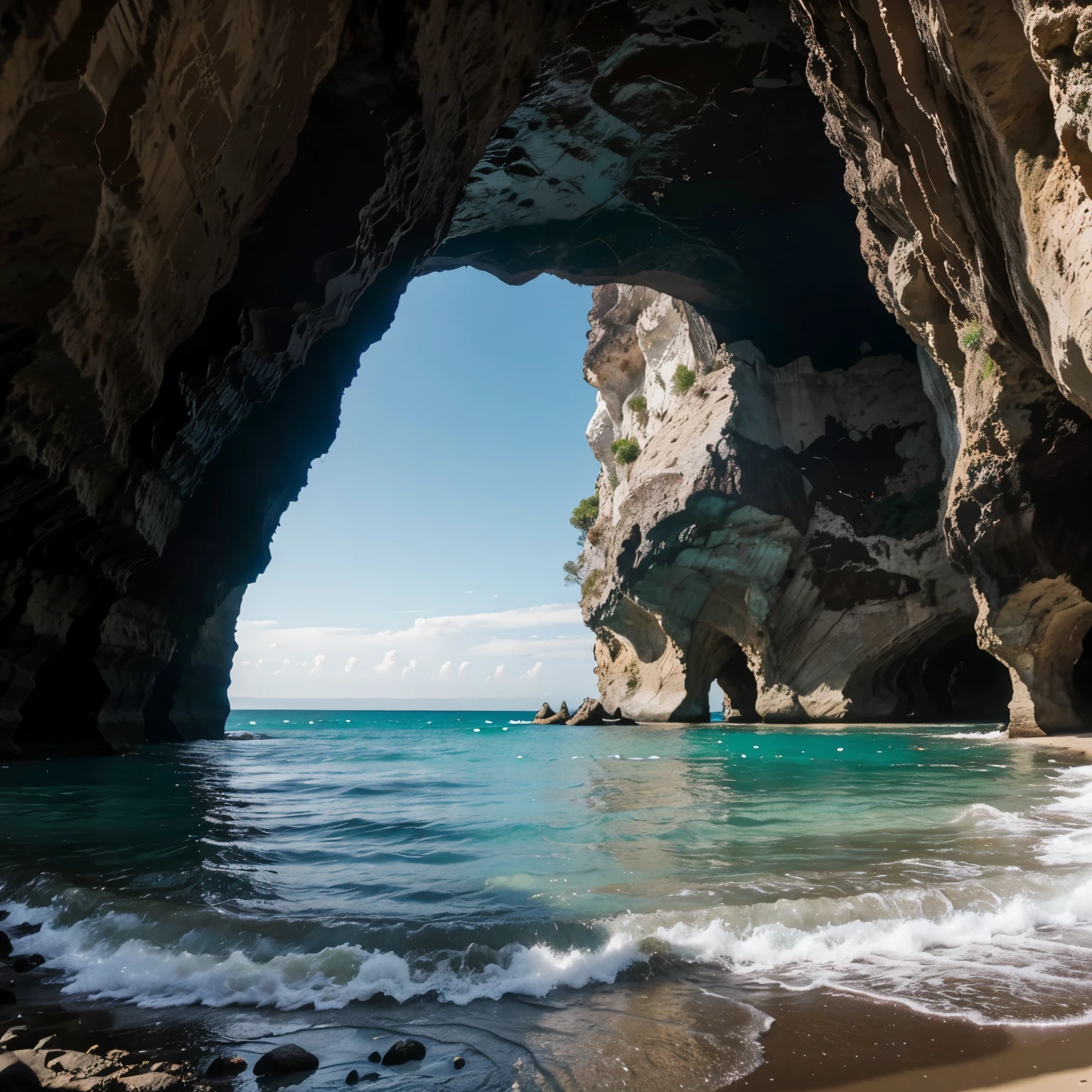 a beach with a cave and a woman, realistic
