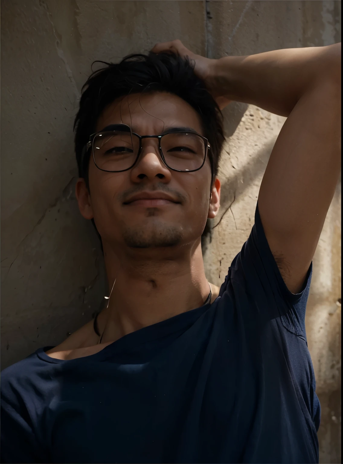 Hot handsome asian man using minus glasses, bulge, sixpack, sweating, a blue collar worker, dirty, sweating