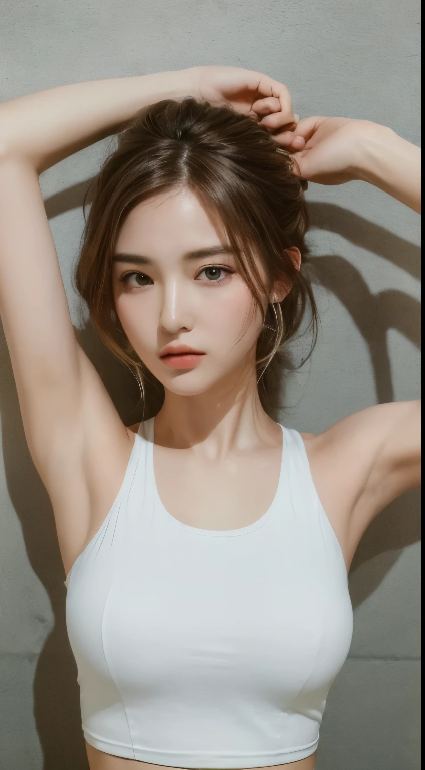 ((highest quality, 8k, masterpiece :1.3)), 1 girl, A cute woman who emphasizes her slender abdominal muscles :1.3, (random hairstyle :1.2), oversized tank top :1.2, super detailed face, fine eyes, double eyelid, armpit