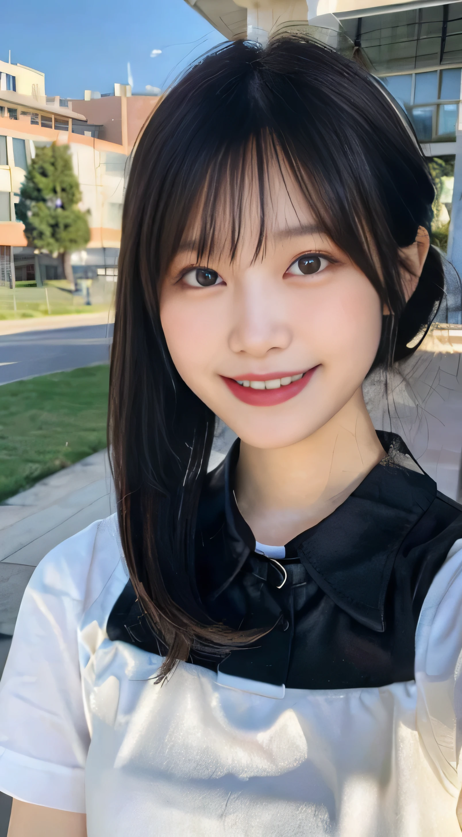 (highest quality,8K quality,masterpiece:1.3),(ultra high resolution,Photoreal:1.4,RAW photo),(Super detailed,caustics,detailed background),(ultra-realistic capture,Fine and beautiful skin,perfect anatomy),at dusk,sunset sky,school building,schoolyard,18-year-old,cute,black short bob,school blazer uniform,look at the camera,laughter,bust up shot,natural soft light, Bringing smiles to the lively city, white teeth, short sleeve white t-shirt