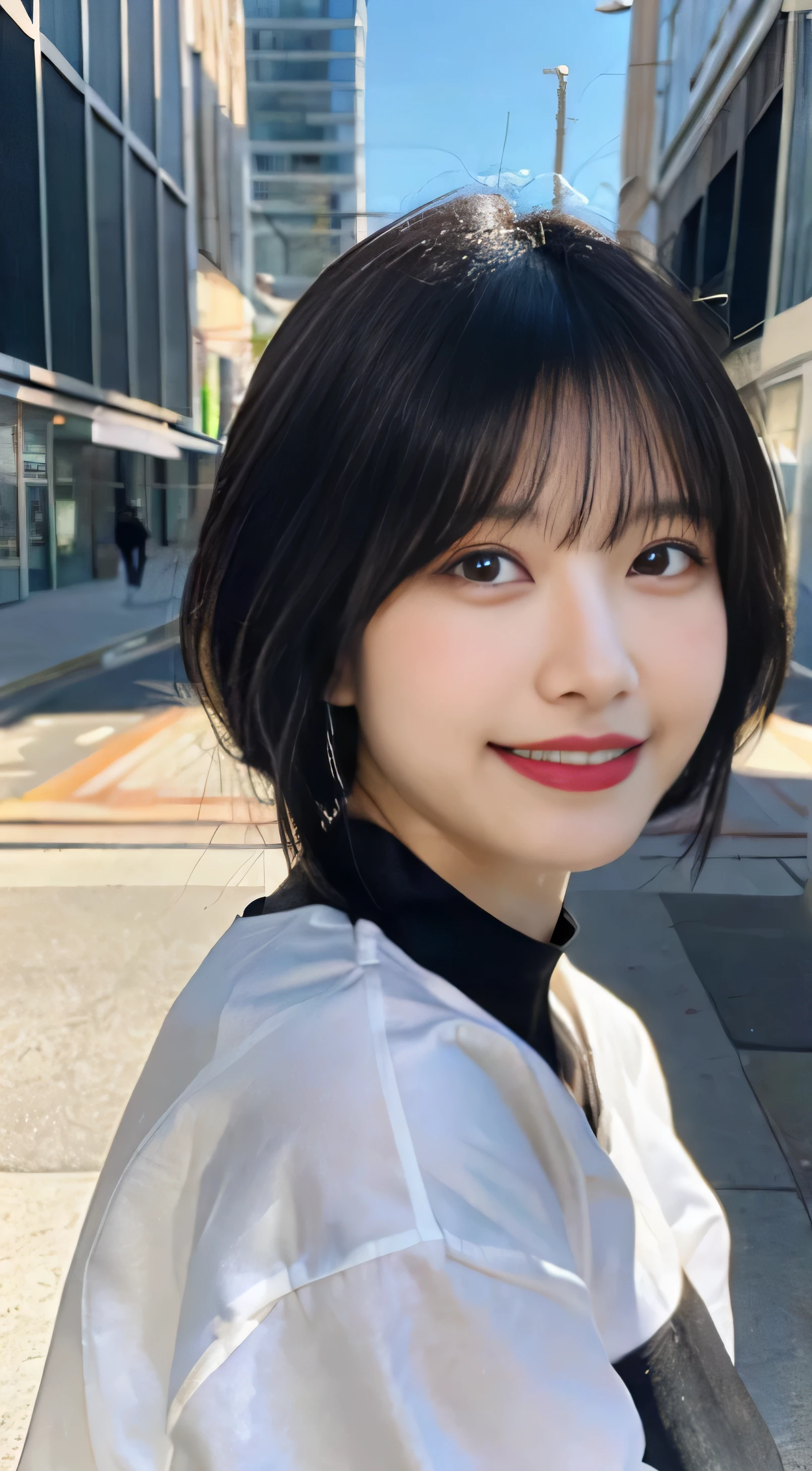 (highest quality,8K quality,masterpiece:1.3),(ultra high resolution,Photoreal:1.4,RAW photo),(Super detailed,caustics,detailed background),(ultra-realistic capture,Fine and beautiful skin,perfect anatomy),at dusk,sunset sky,Clean city,18-year-old,cute,black short bob,white short sleeve t-shirt,looking at camera,laughter,bust up shot,natural soft light, Bringing smiles to the lively city, white teeth