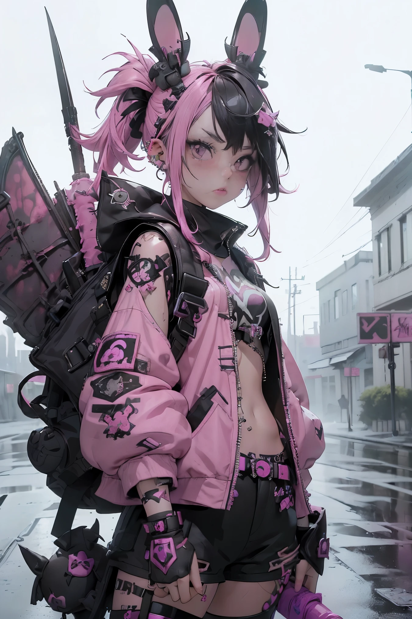 (highest quality、8k、32K、masterpiece、nffsw:1.3)、(Photoreal:1.4),(shoot from front,looking at viewer:1.5)、((18-year-old punk girl,eccentric punk hair:1.3)),((pink and black punk fashion:1.5)),(rabbit stuffed animal:1.5)clothes with studs、((holding a bloody bat in his right hand:1.5))、((black backpack on the back))、(bright black and pink hair:1.5),Wacky makeup、、dark background、Desolate city in the rain、puddle on the road、(cinematic lighting)、Depth of the bounds written,blurred background、