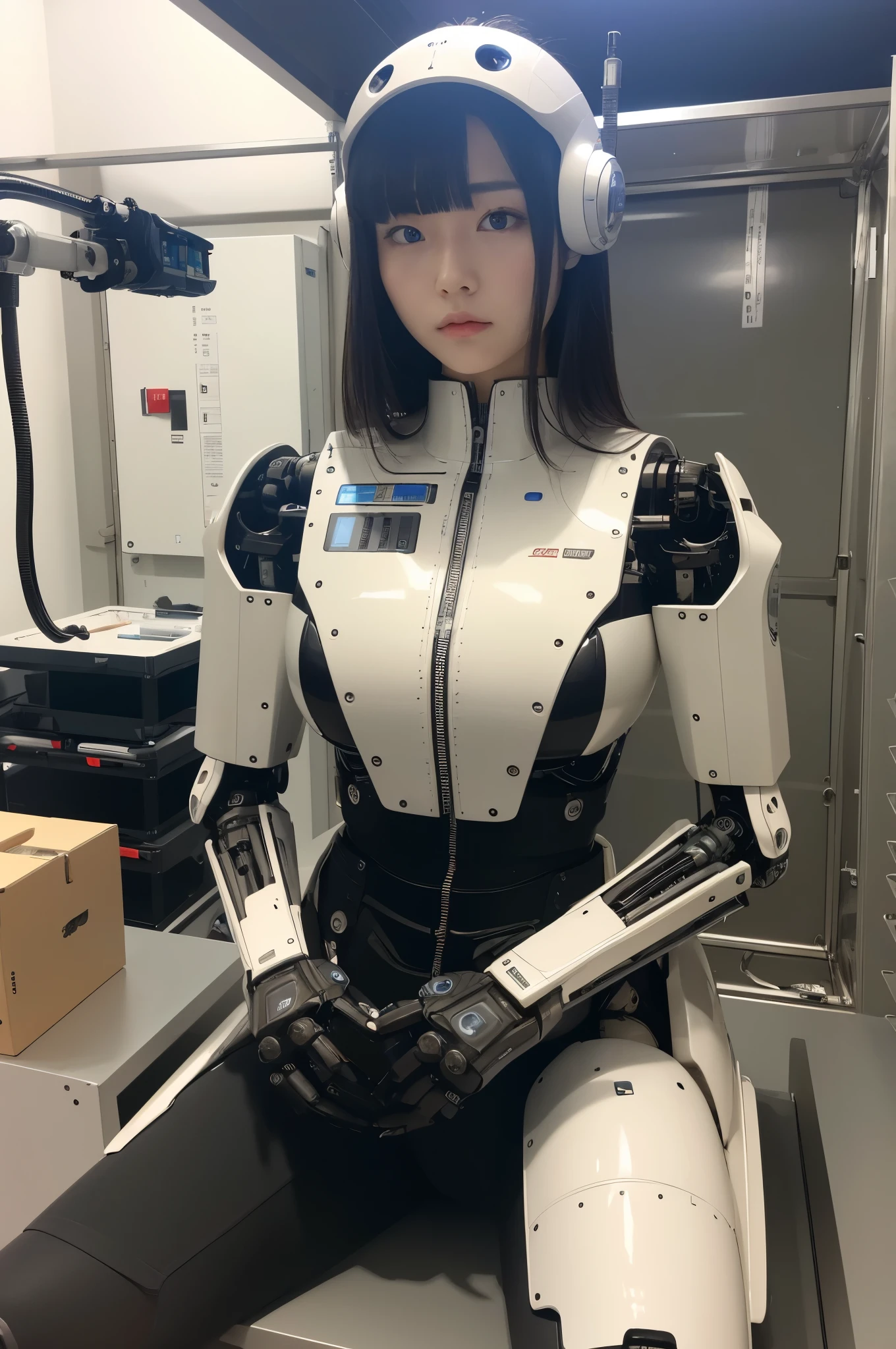 masterpiece, best quality, extremely detailed, Japaese android girl,Plump ,control panels,android,Droid,Mechanical Hand, Robot arms and legs,Blunt bangs,perfect robot girl,long tube,thick cable connected her neck,android,robot,humanoid,cyborg,japanese cyborg girl ,robot-assembly plant,She has assembled now,assembly scene,chest monitor,blue eyes