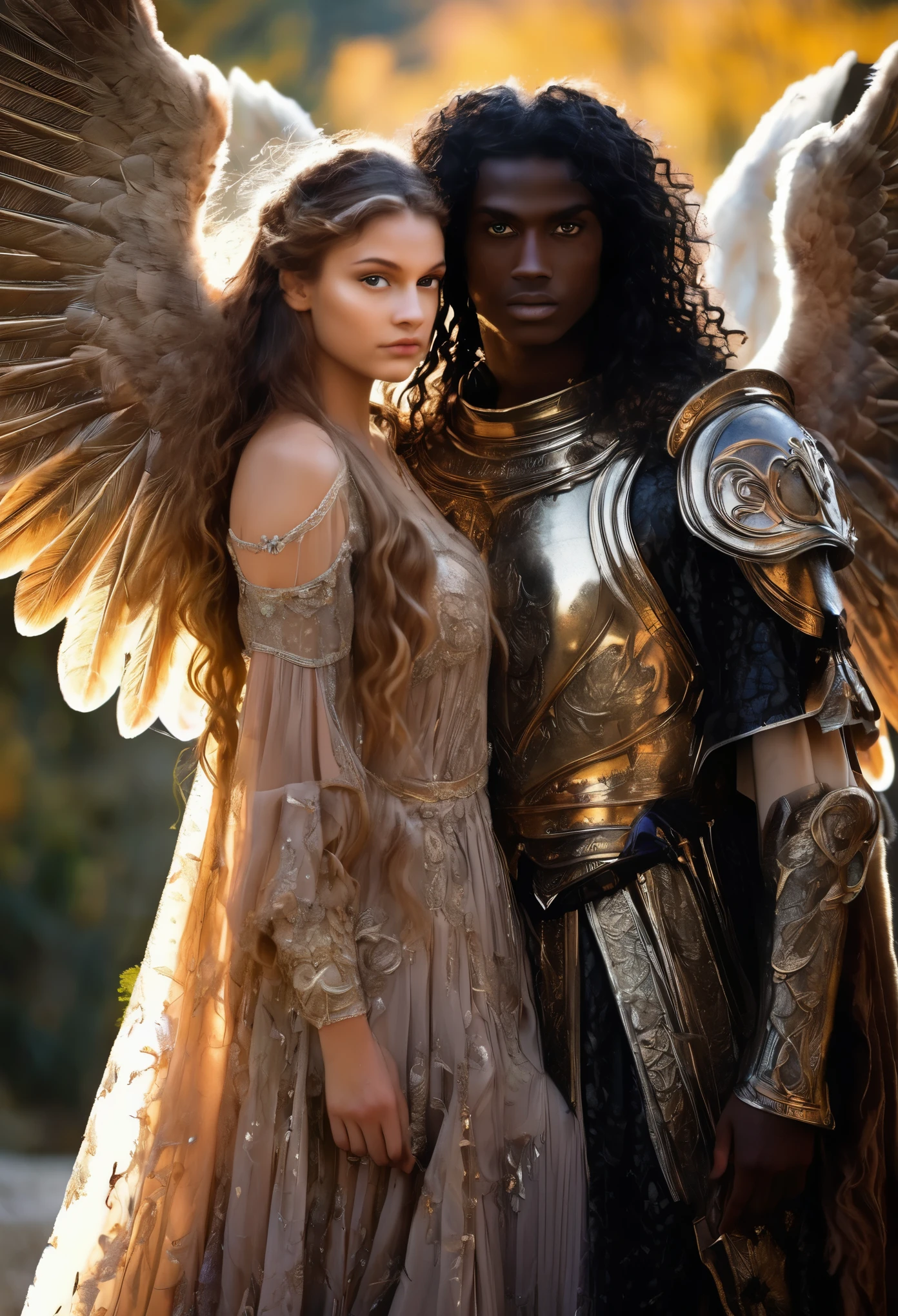 Je veux que tu me fasses une photo pour un roman Fantasy romance, an emperor angel and an 18 year old emeratrix angel, (((avec des ailes))), the boy is dark skin with curly hair, the girl is darkksin with long curly hair, visage aux traits fins, Colorful eyes, (((very beautiful))), visages parfait, ils sont des ennemis, ils veulent s'entretuer, surtout lui, elle, she mainly defends herself but her goal is to save him at all costs too. He is very rich.
