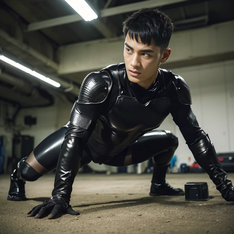 ((Best Quality, 8K, ultra-detailed, Masterpiece: 1.3)), 1boy, shiny skin, sharp, Perfect Body Beauty, realistic shaded perfect body ,("bodysuit, techwear,big bulge ":1.2),("leggins , armor":1.1),("glove, armor":1.1 ),(techwear)(dynamic pose:1.1), thigh , battle field , (bulge focus:1.2) , ((all fours)) , big hips , fat buttock. ,nsfw , eroticosm , handsome face